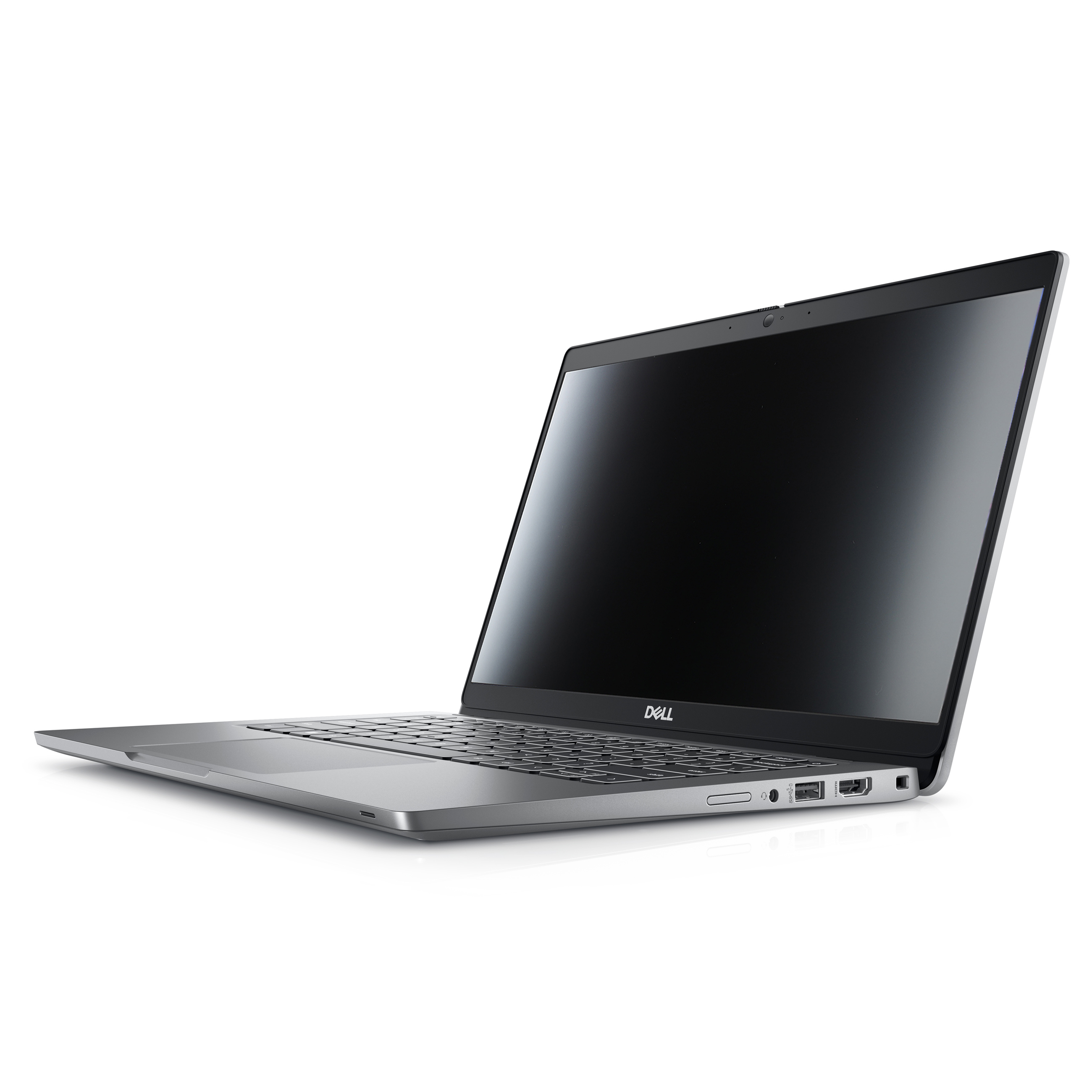 Ein silberner Dell-Laptop von der Seite, aufgeklappt mit dunklem Bildschirm vor weißem Hintergrund.