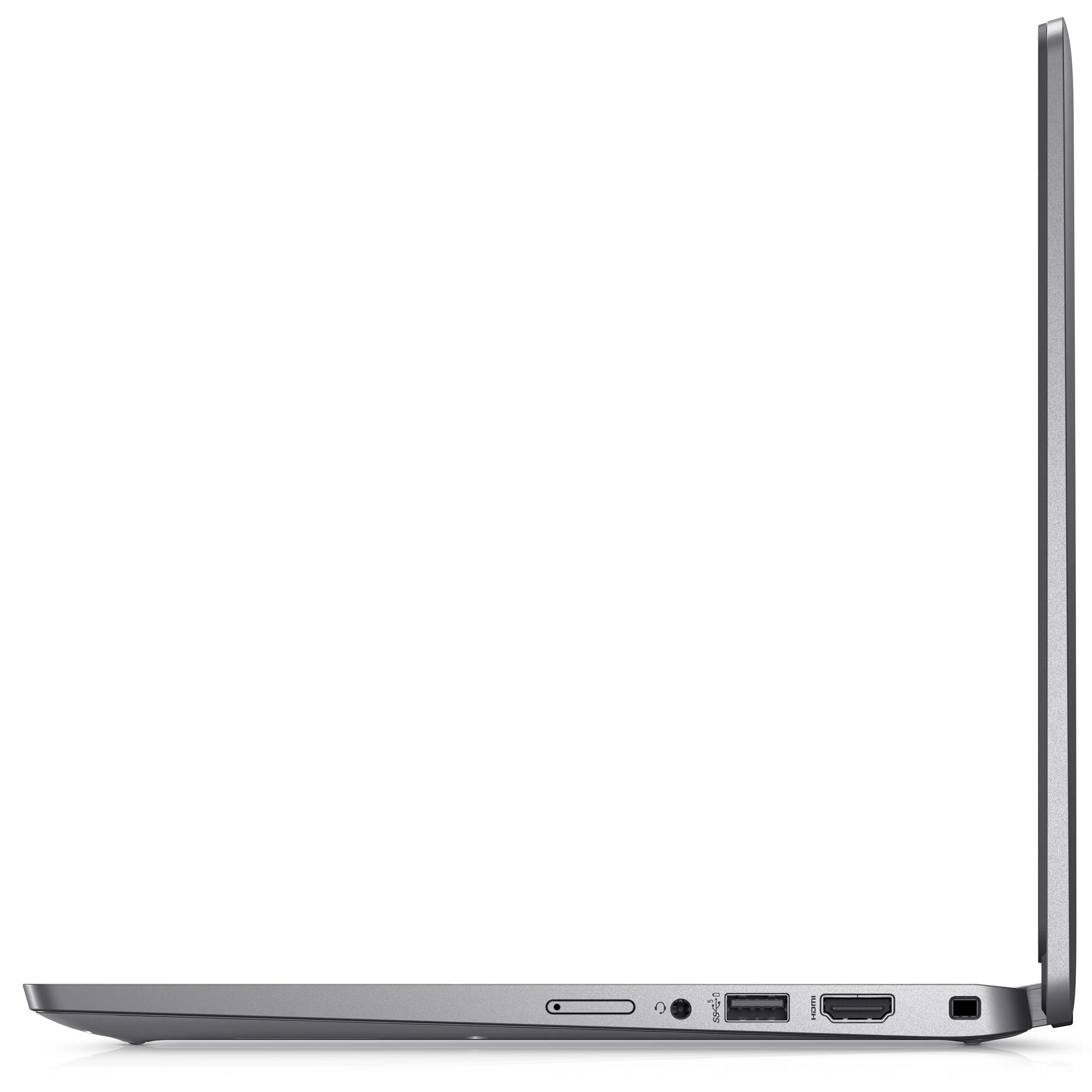 Seitenansicht eines grauen Laptops mit Anschlüssen wie USB und HDMI auf einer weißen Oberfläche.