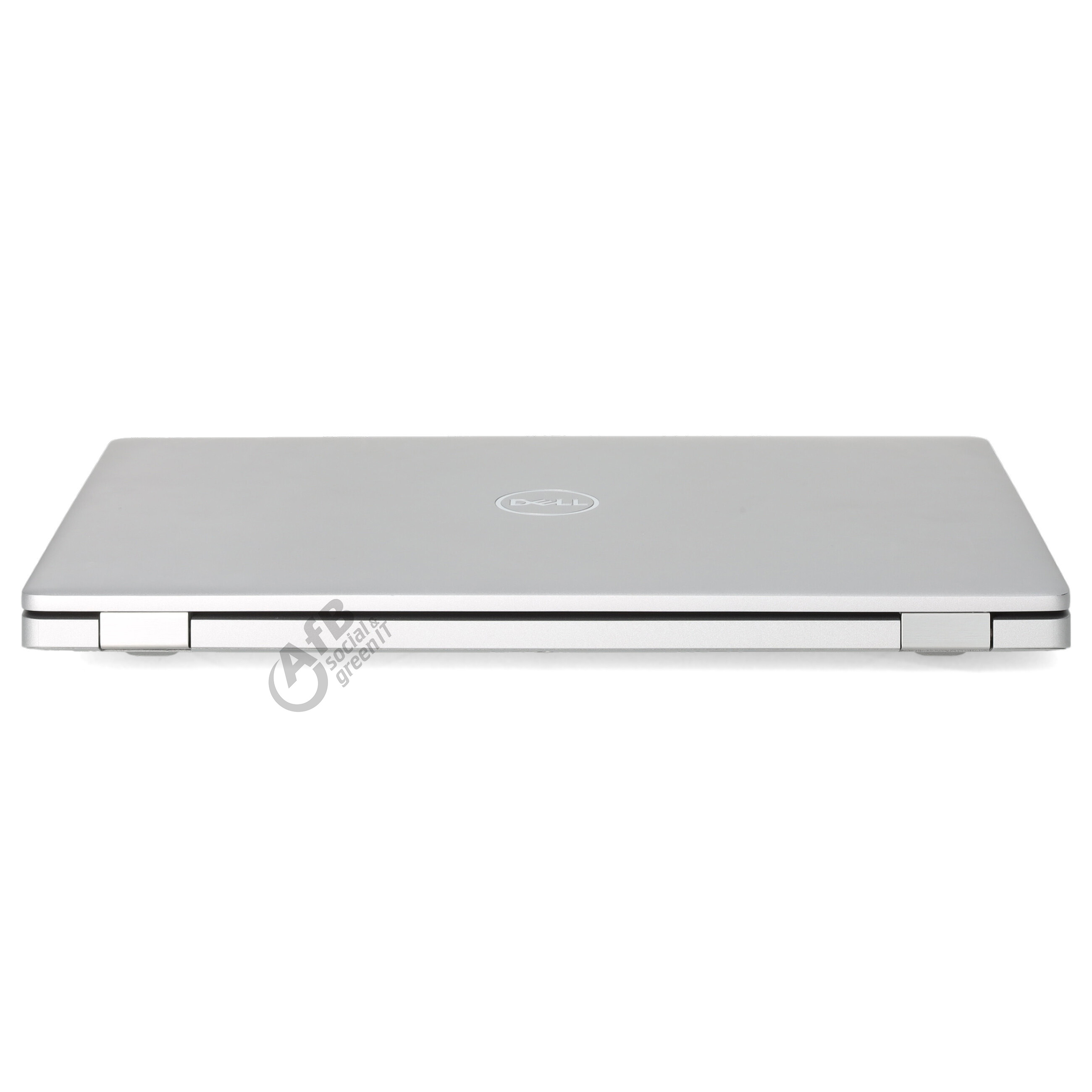 Geschlossener silberner Dell Laptop auf weißem Hintergrund mit Firmenlogo.