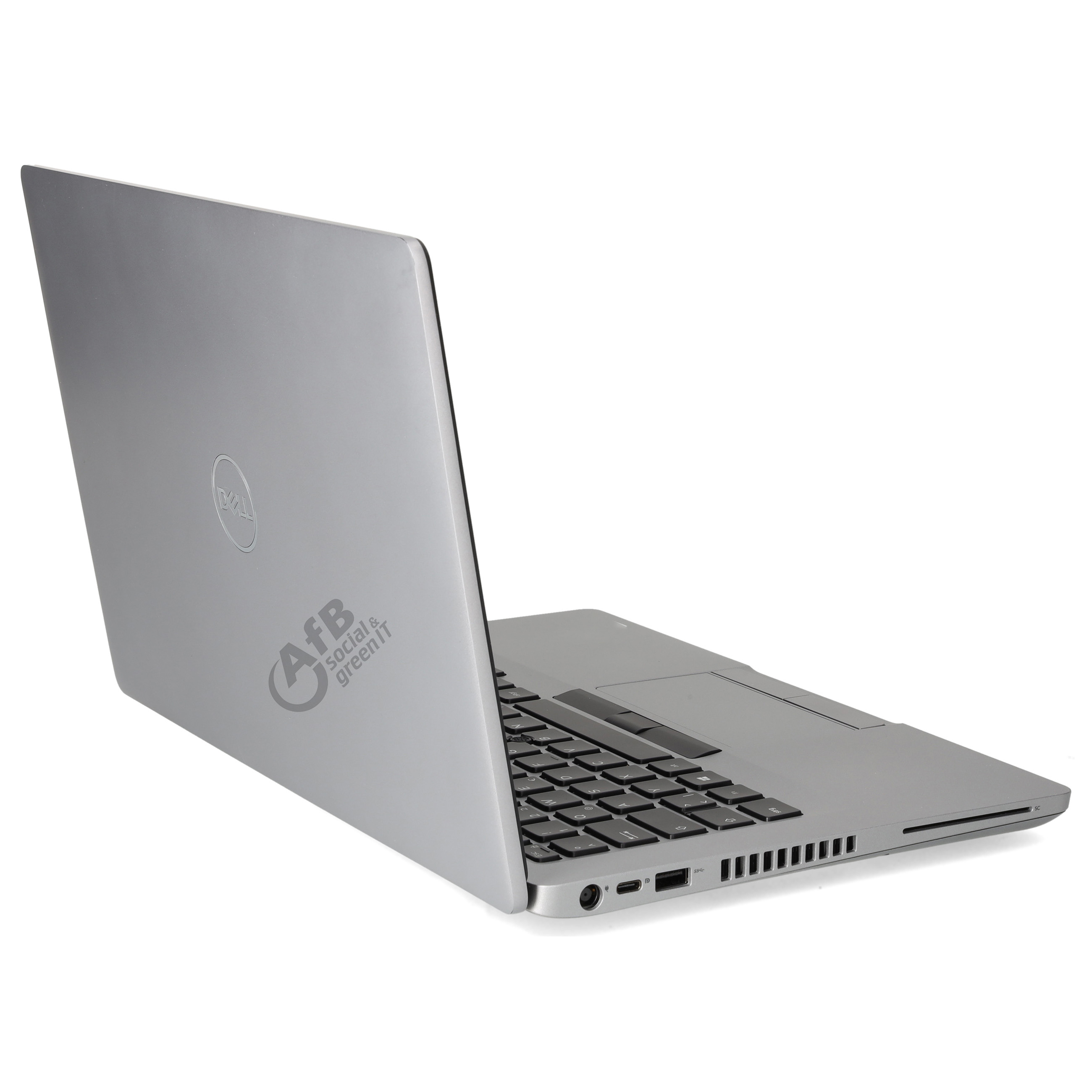 Ein silberner Laptop mit einem AfB-Logo auf dem Deckel, schräg aufgenommen vor weißem Hintergrund.