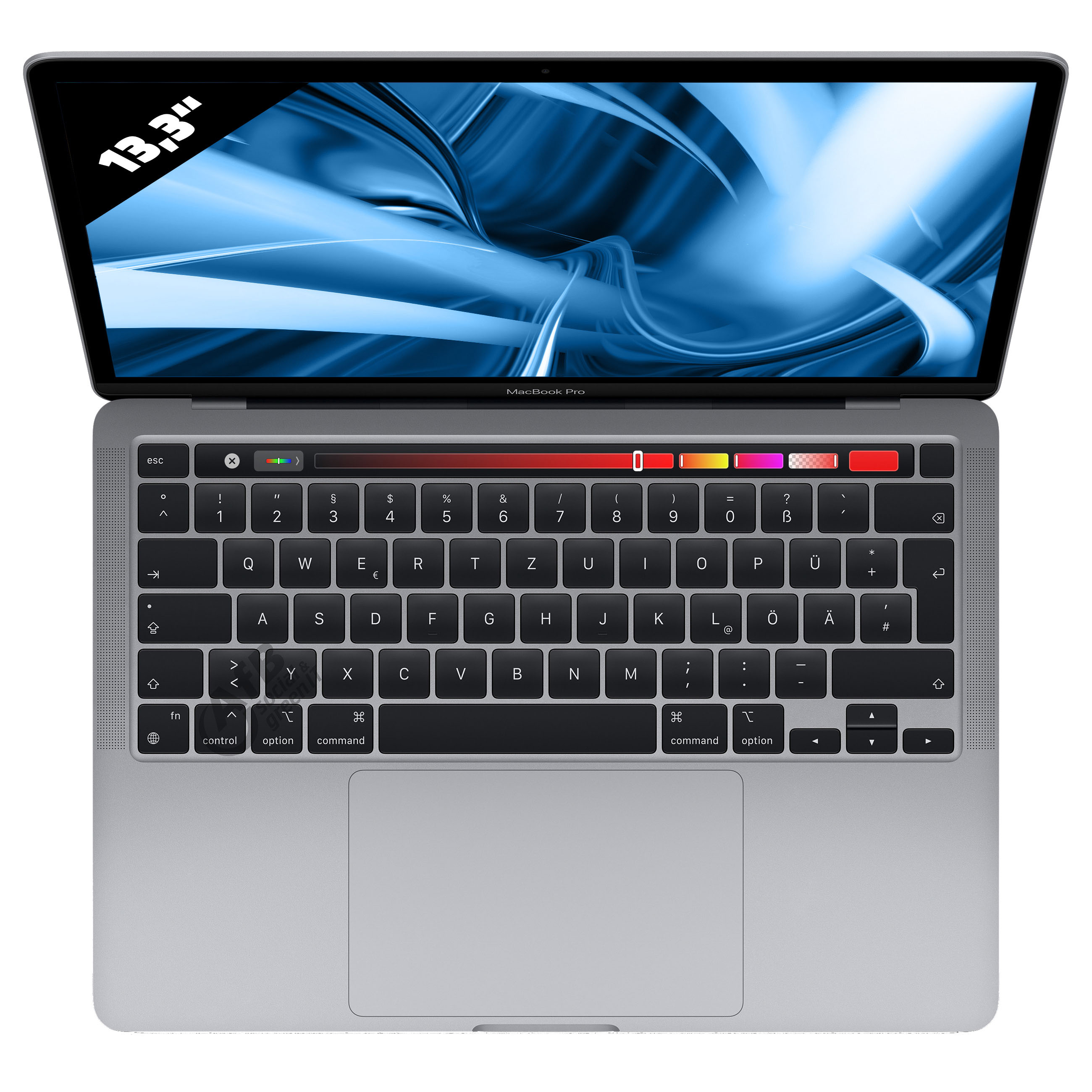 Draufsicht auf ein geöffnetes MacBook Pro mit blauem abstrakten Hintergrundbild und deutscher Tastatur.