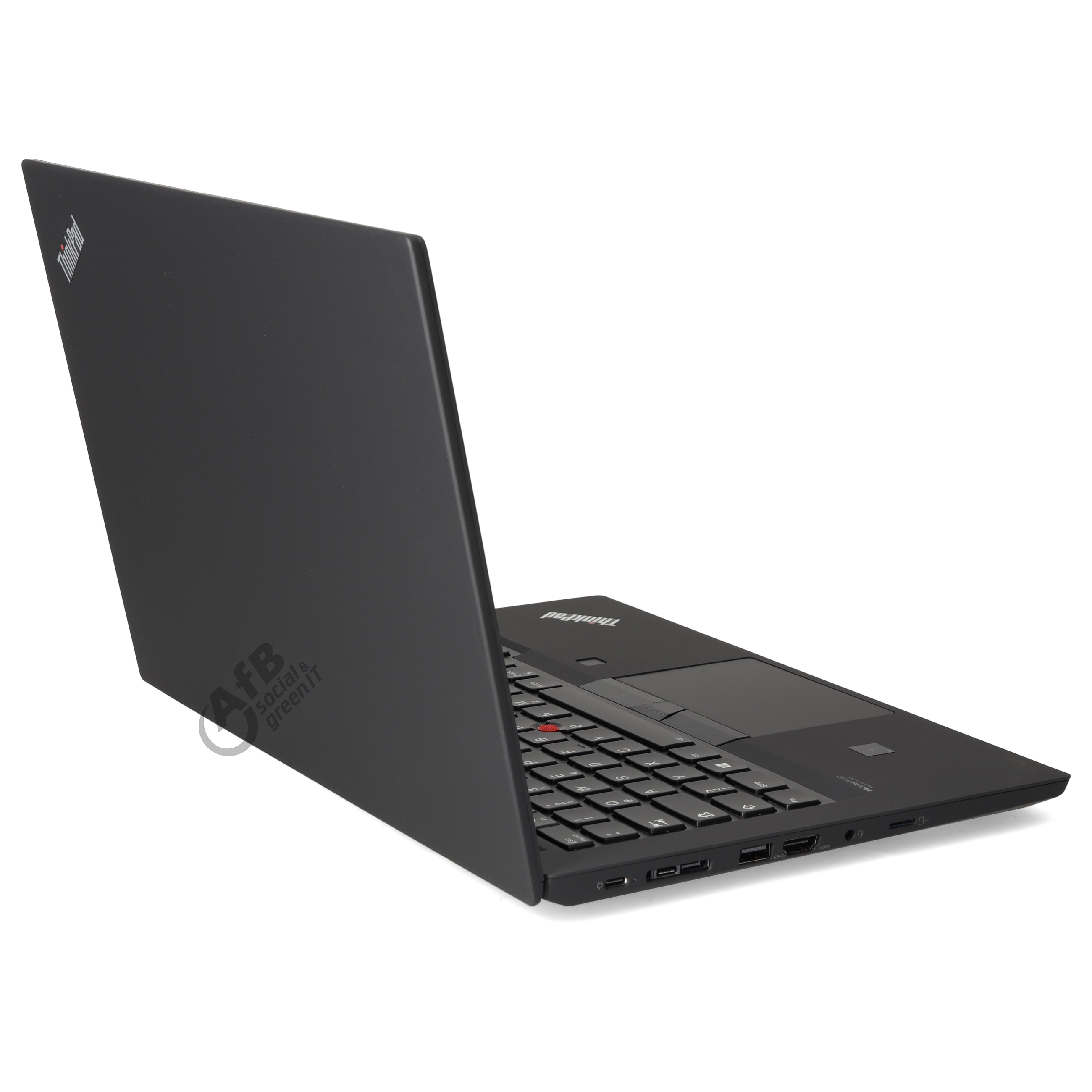 Ein offener schwarzer Lenovo ThinkPad Laptop steht auf einer weißen Oberfläche, seitlich von hinten gesehen.