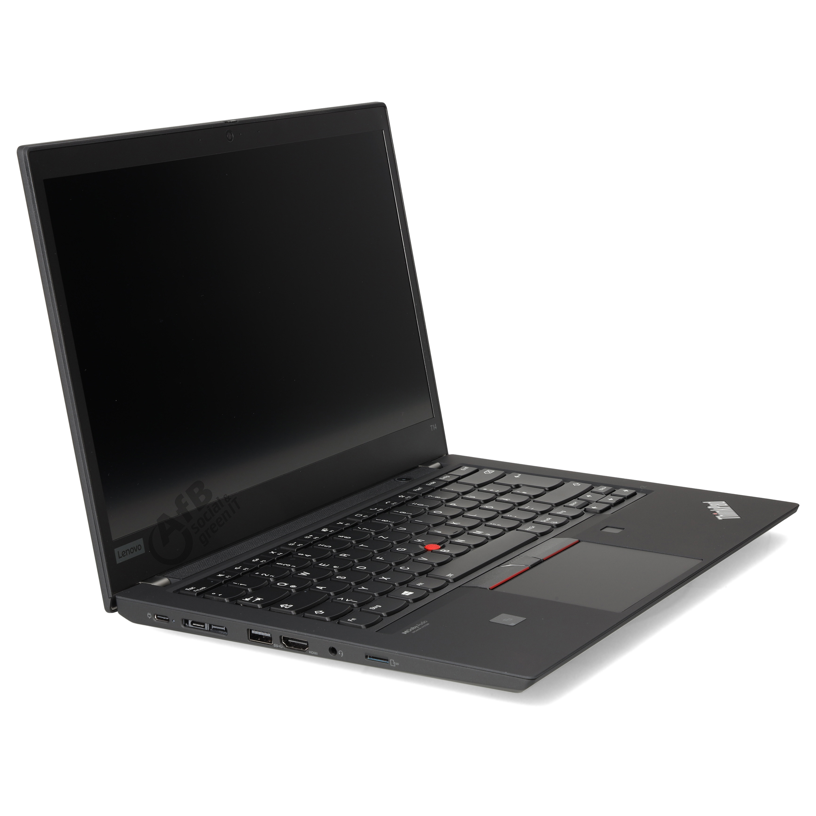 Ein offener schwarzer Lenovo-Laptop auf weißer Oberfläche, zeigt Tastatur, Trackpad und Anschlüsse links.