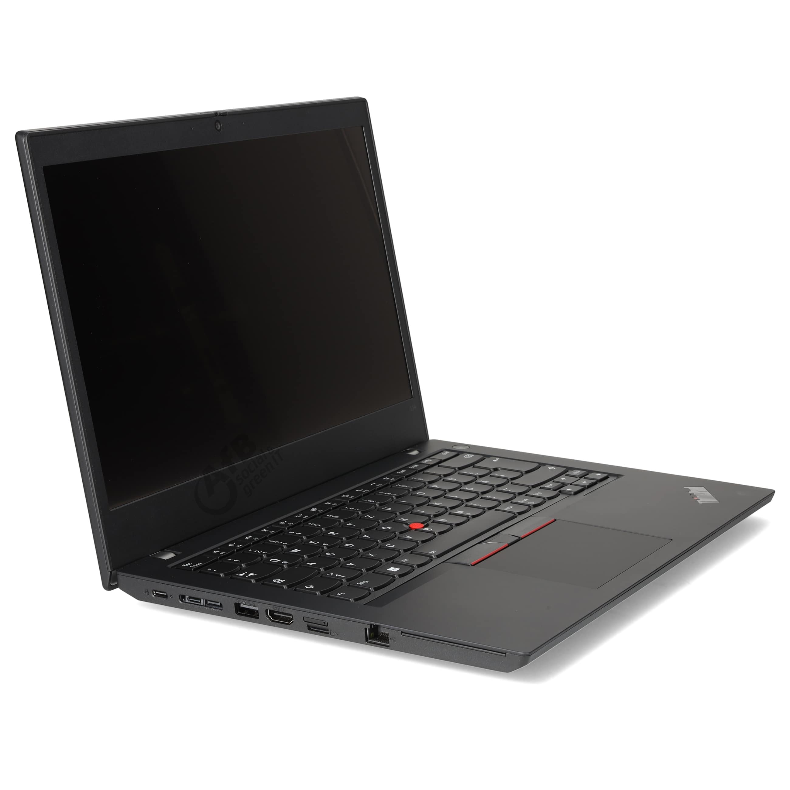 Ein offener, schwarzer Laptop steht auf einer weißen Oberfläche mit sichtbarer Tastatur und Anschlüssen.
