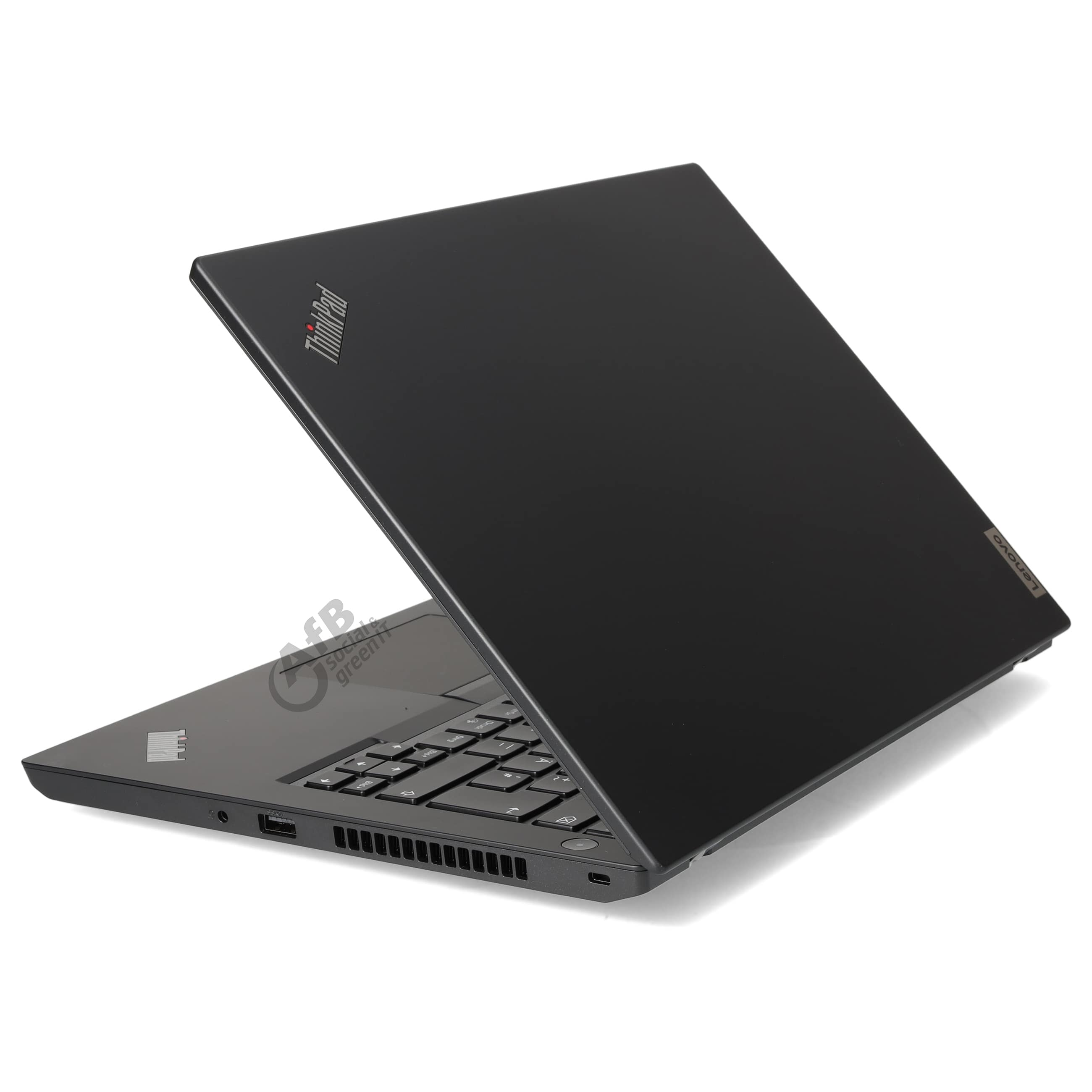 Ein offener schwarzer Lenovo ThinkPad Laptop auf einer weißen Oberfläche, seitlich betrachtet.