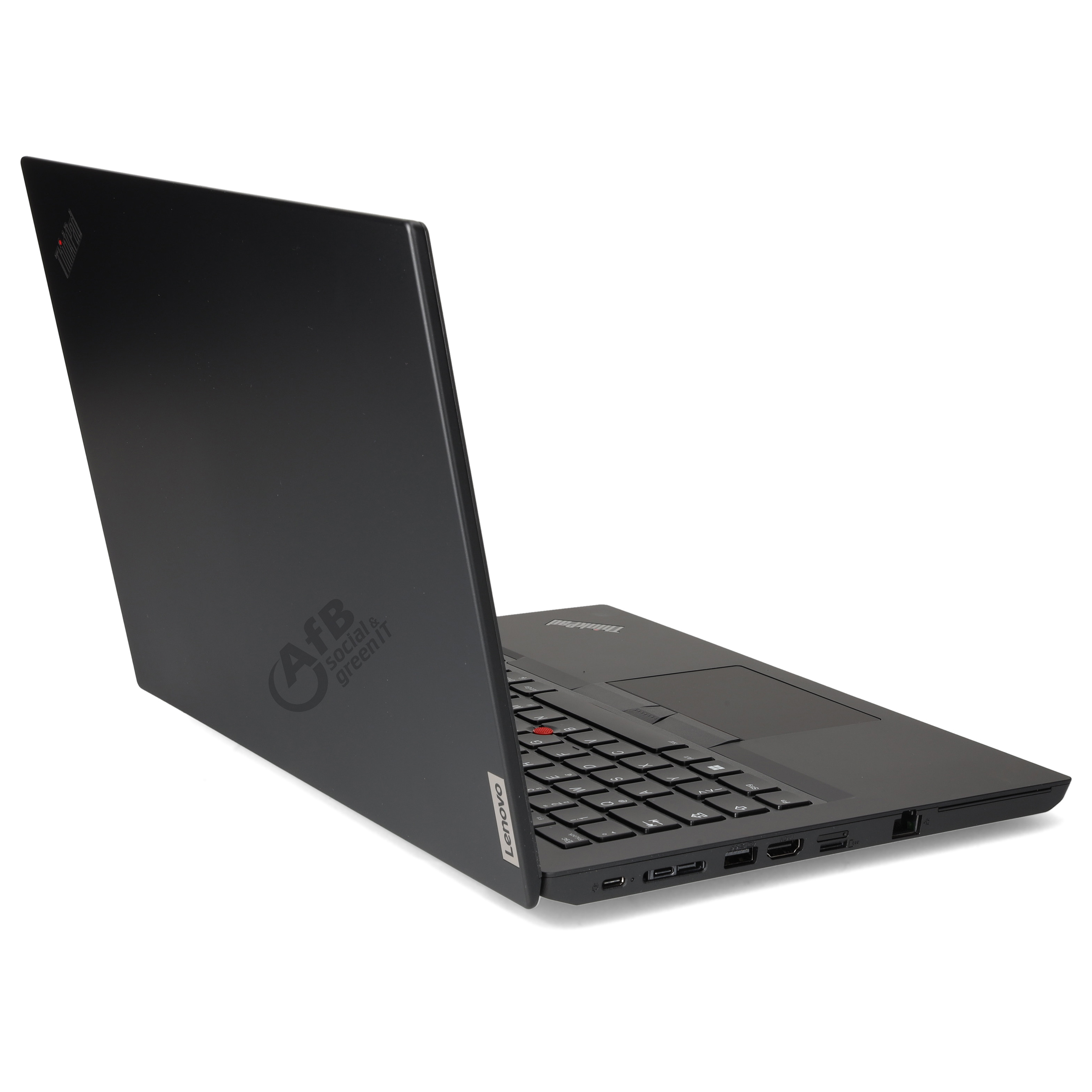 Offener schwarzer Lenovo-Laptop mit Logo auf der Rückseite auf weißem Hintergrund.