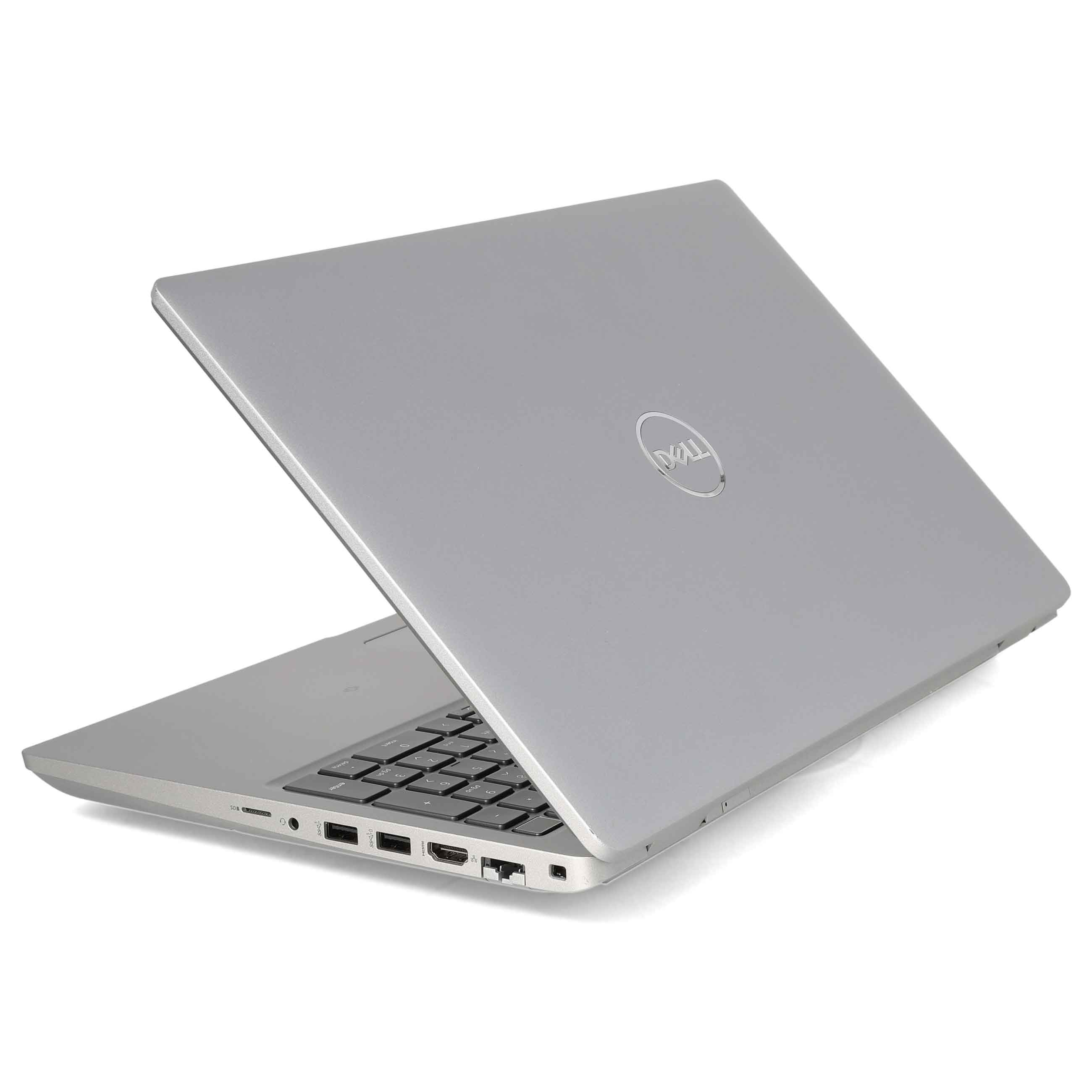 Ein silberner Dell-Laptop steht auf einer weißen Oberfläche und zeigt Tastatur, Anschlüsse und Logo.