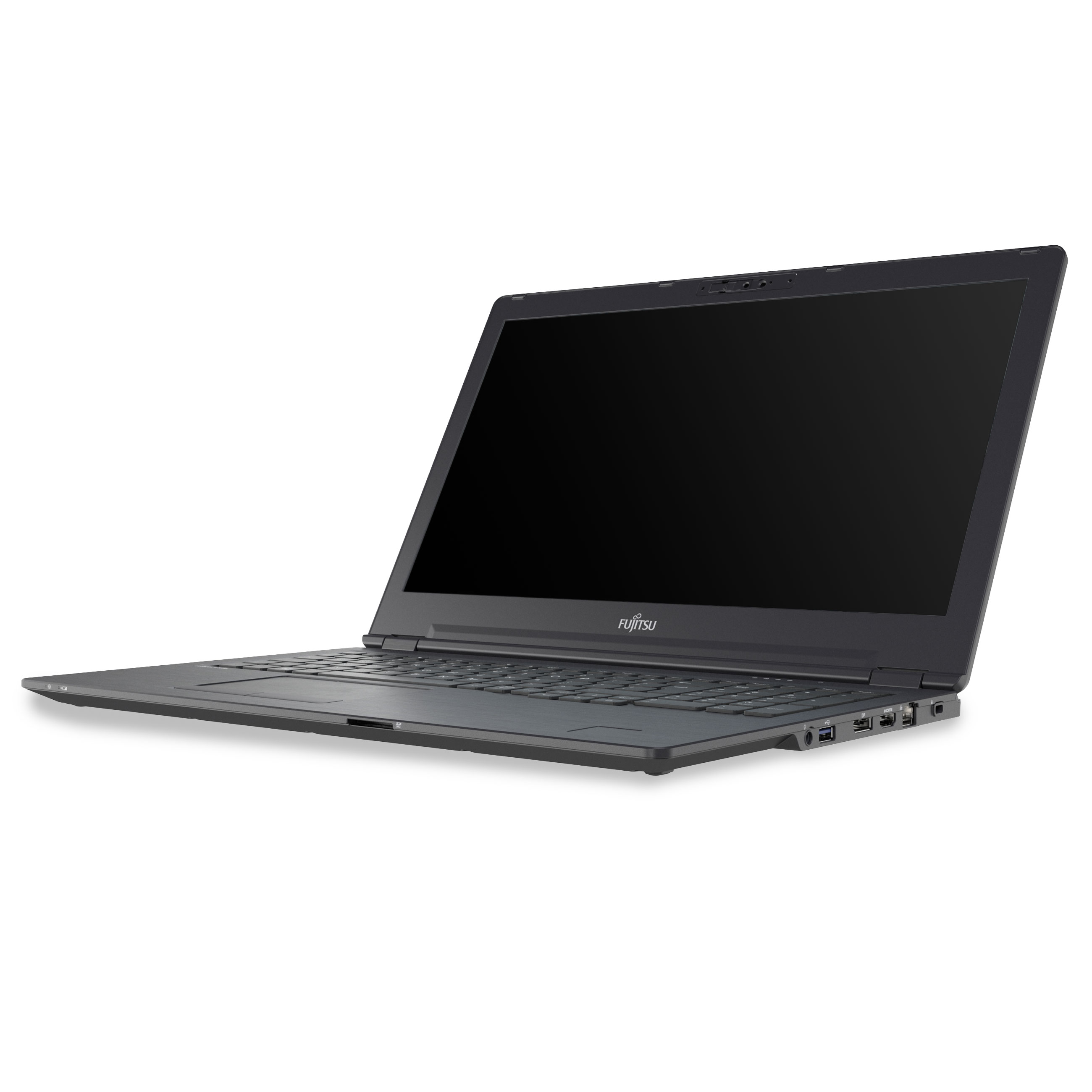 Ein schwarzer Fujitsu Laptop steht auf einer weißen Oberfläche mit sichtbaren Anschlüssen.