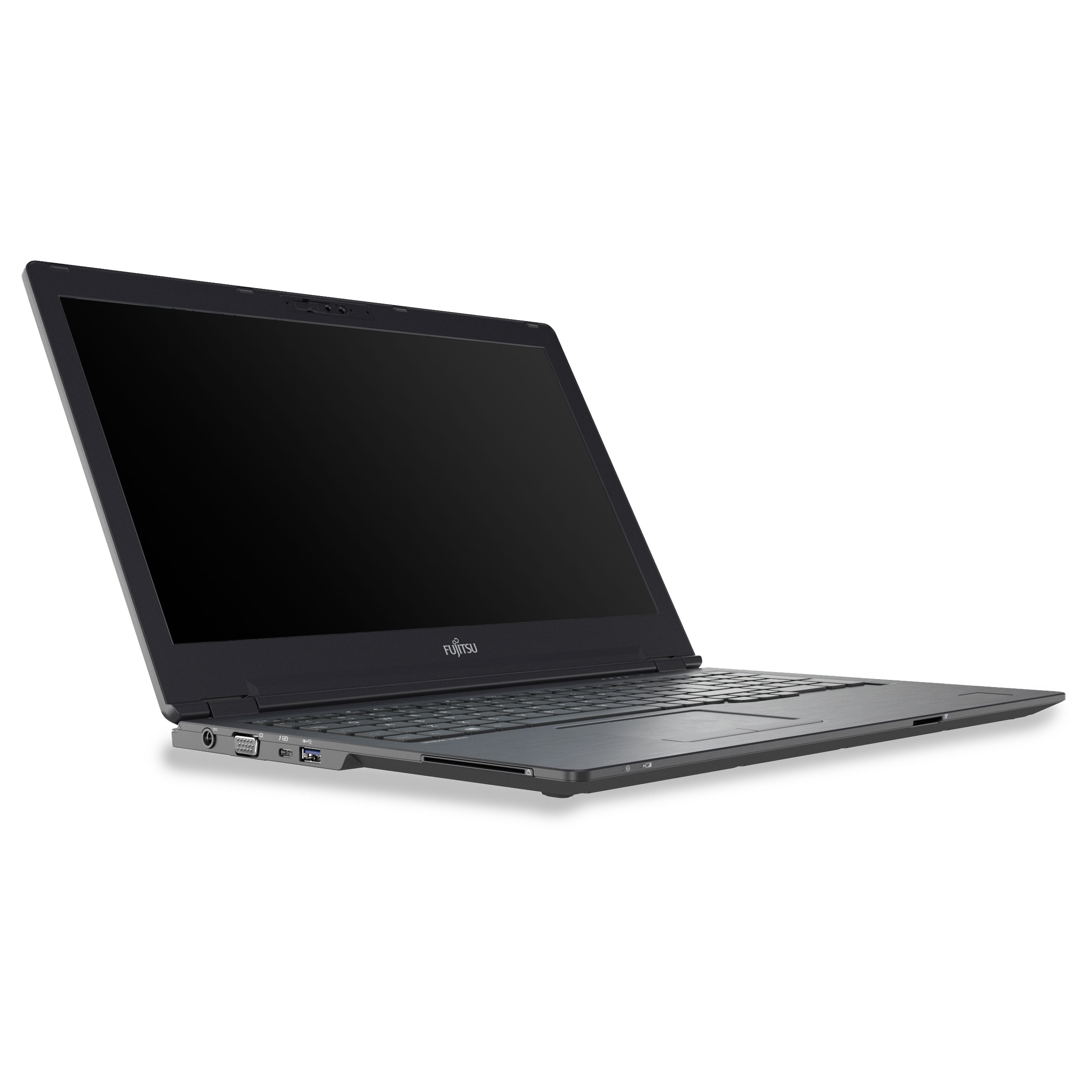 Ein schwarzer Fujitsu-Laptop steht auf einer weißen Oberfläche und zeigt die linke Seite mit Anschlüssen.