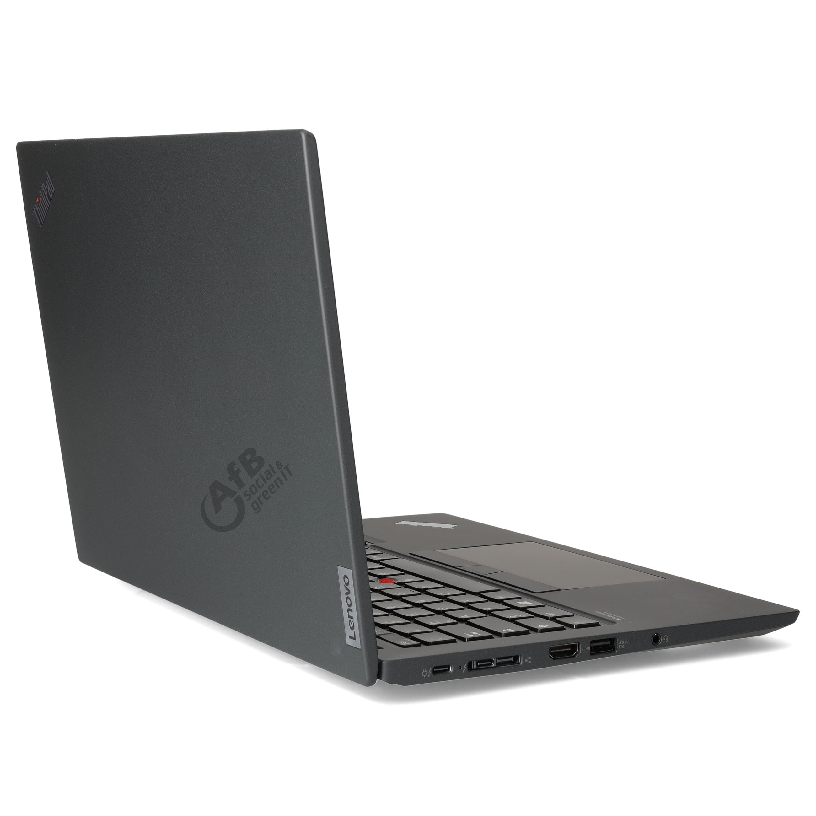 Ein grauer Laptop auf weißem Hintergrund zeigt die Tastatur, Anschlüsse und das geschlossene Display mit Logo.