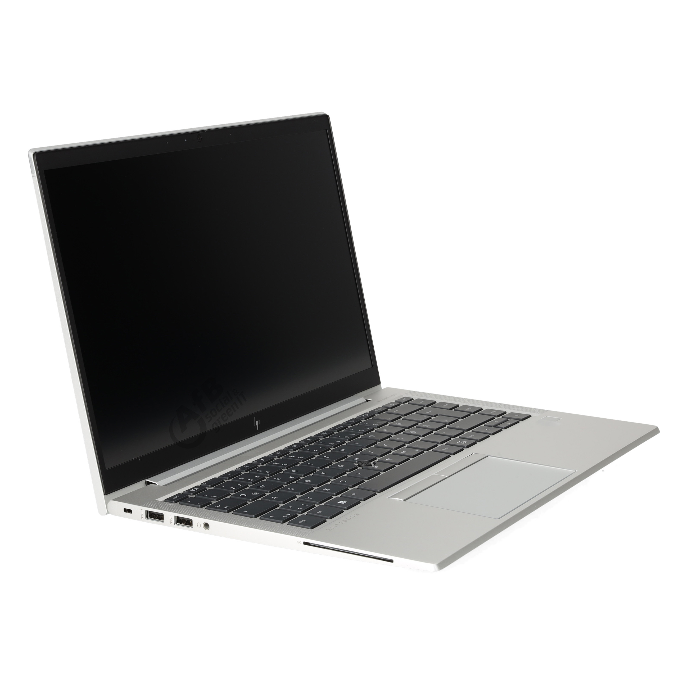 Silberner HP EliteBook Laptop von der Seite auf weißem Hintergrund.