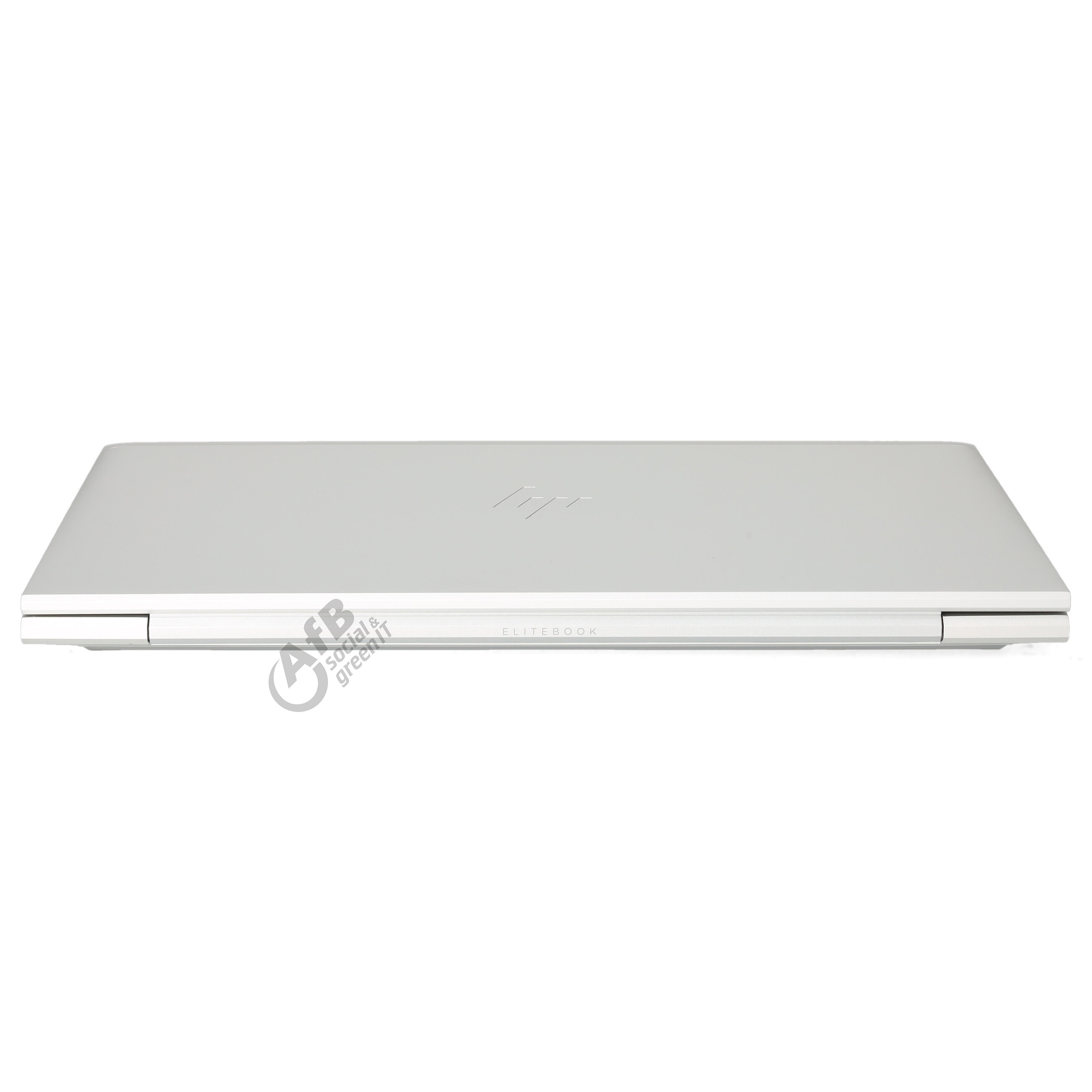 Geschlossener silberner HP EliteBook Laptop auf weißem Hintergrund mit Logo.