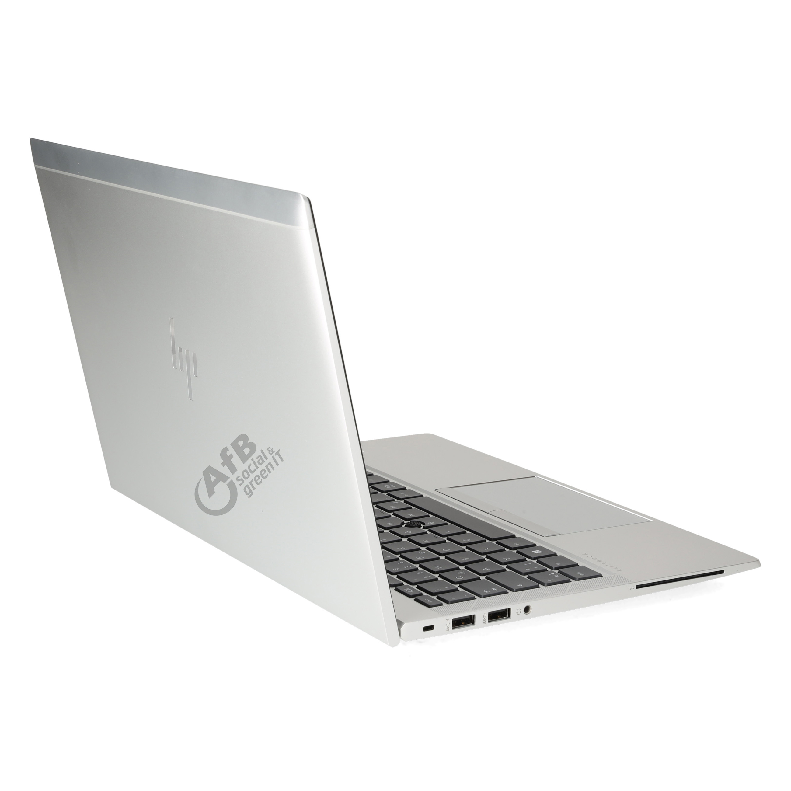 Silberner Laptop im Profil auf weißem Hintergrund mit AfB-Logo.