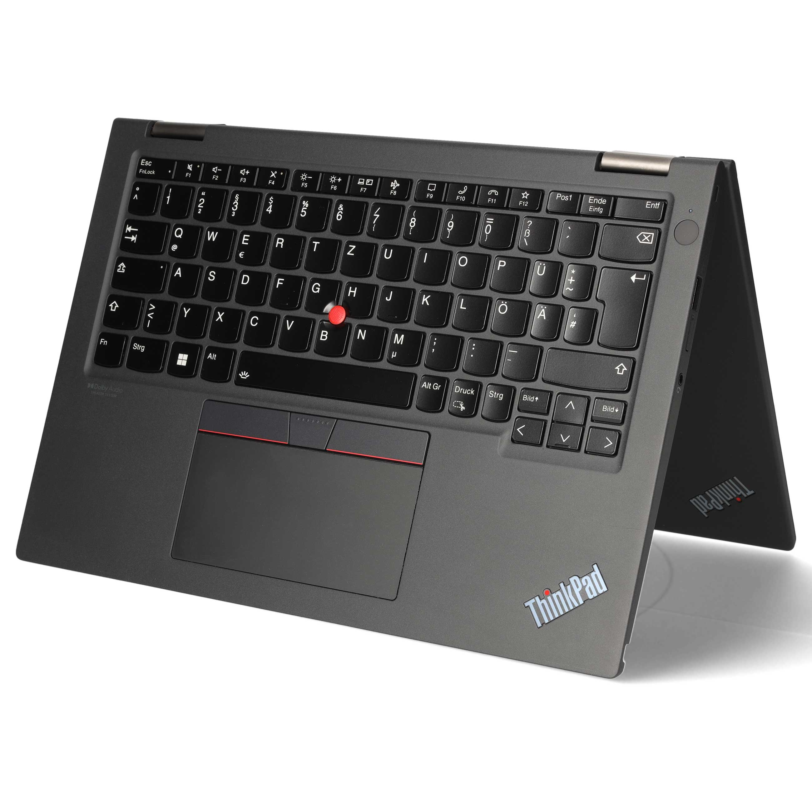 Ein schwarzer ThinkPad-Laptop in Zelt-Position zeigt die beleuchtete Tastatur und das Touchpad.