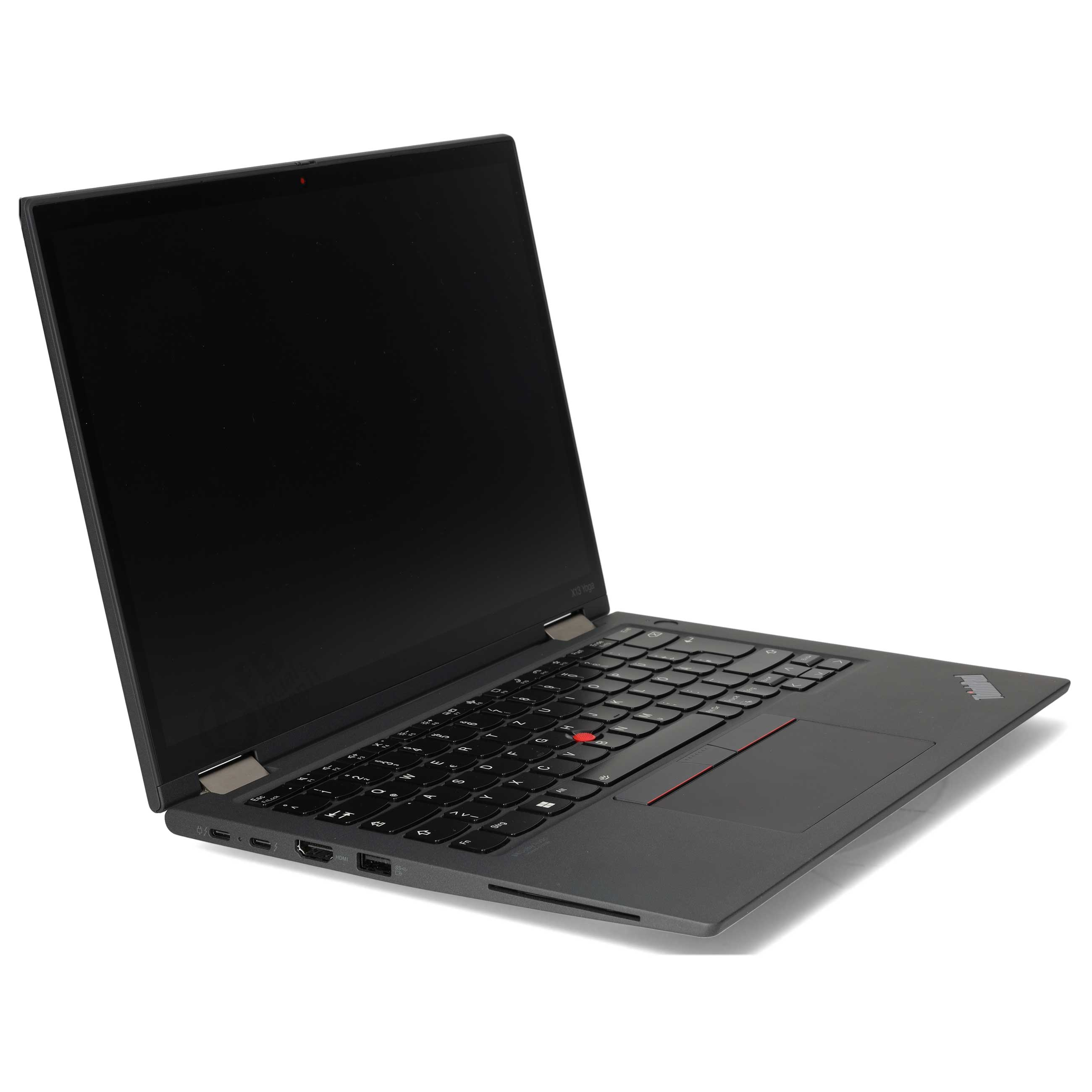 Ein offener schwarzer Laptop steht auf einer weißen Oberfläche, gesehen aus einem schrägen Winkel.