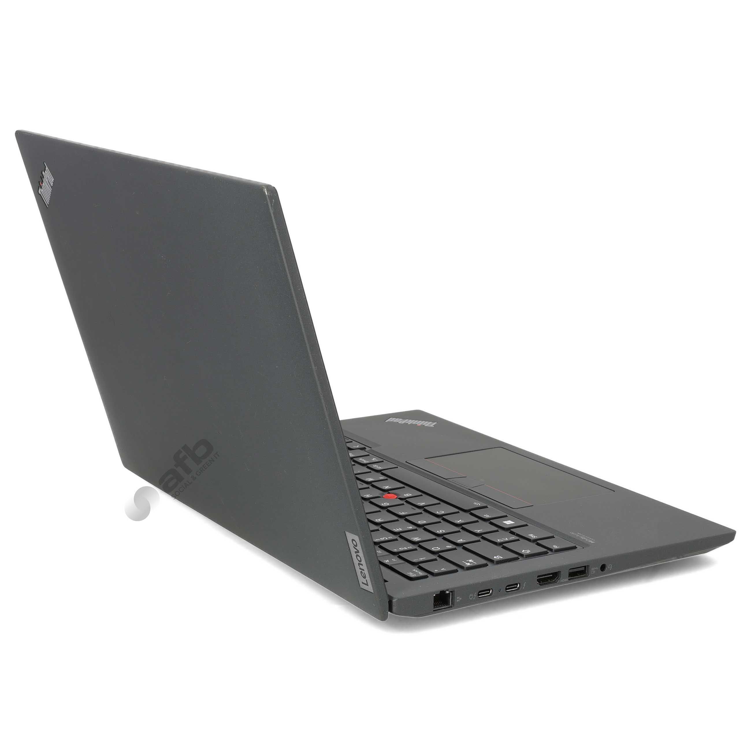 Ein schwarzer Lenovo ThinkPad Laptop, von der Seite und hinten vor weißem Hintergrund.