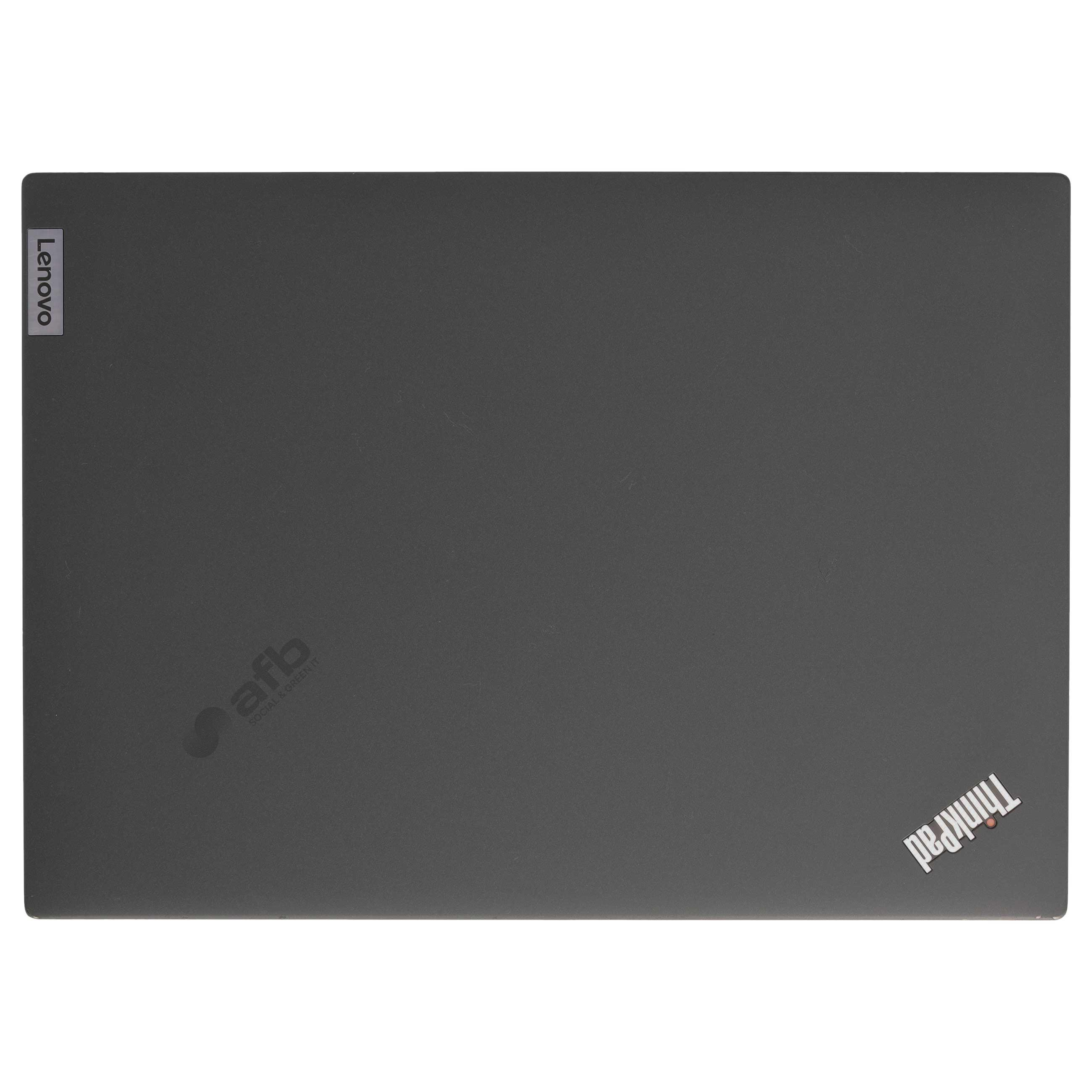 Geschlossener dunkelgrauer Laptopdeckel mit Lenovo- und ThinkPad-Logos.