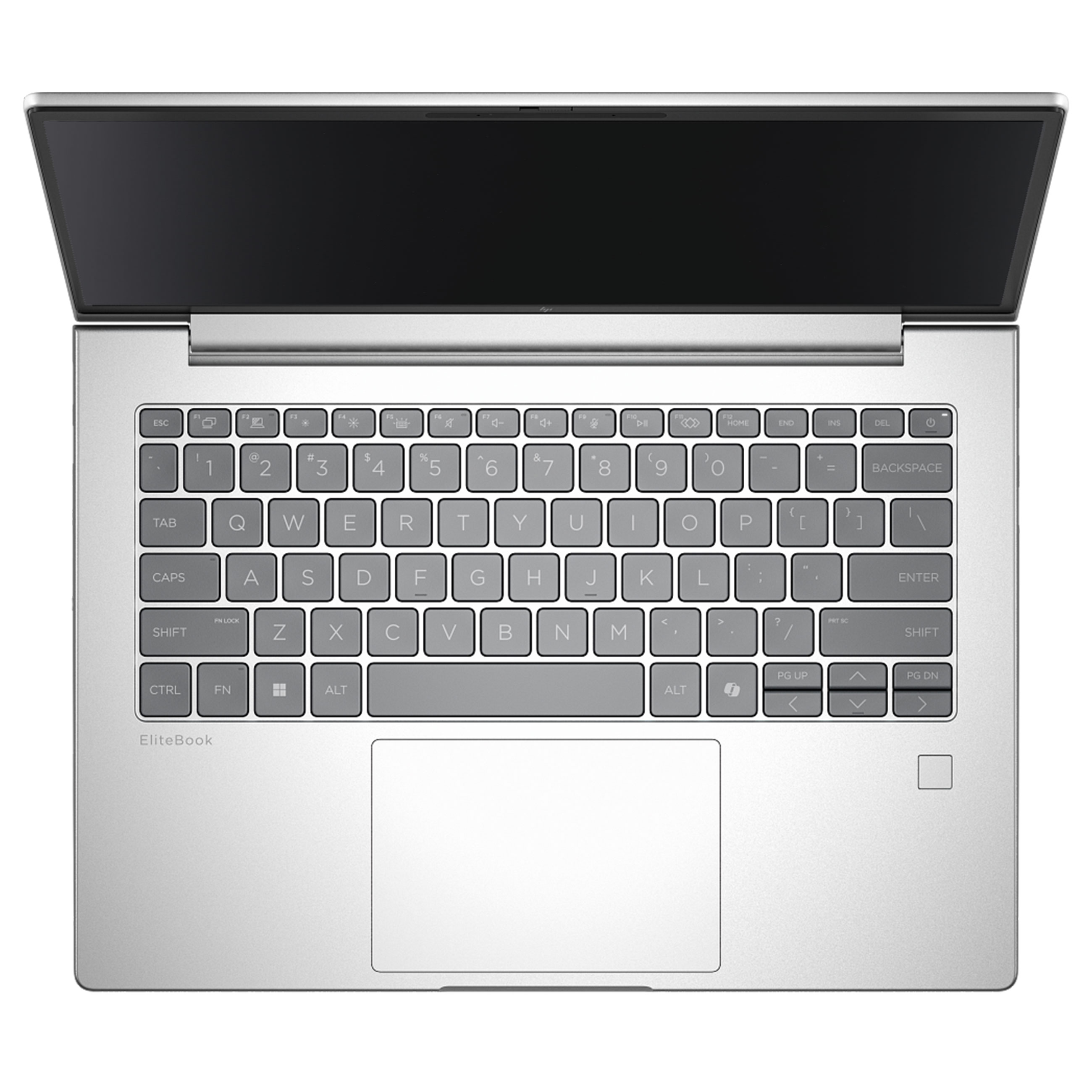 Silberner Laptop von oben mit geöffnetem, schwarzem Bildschirm und QWERTY-Tastatur.