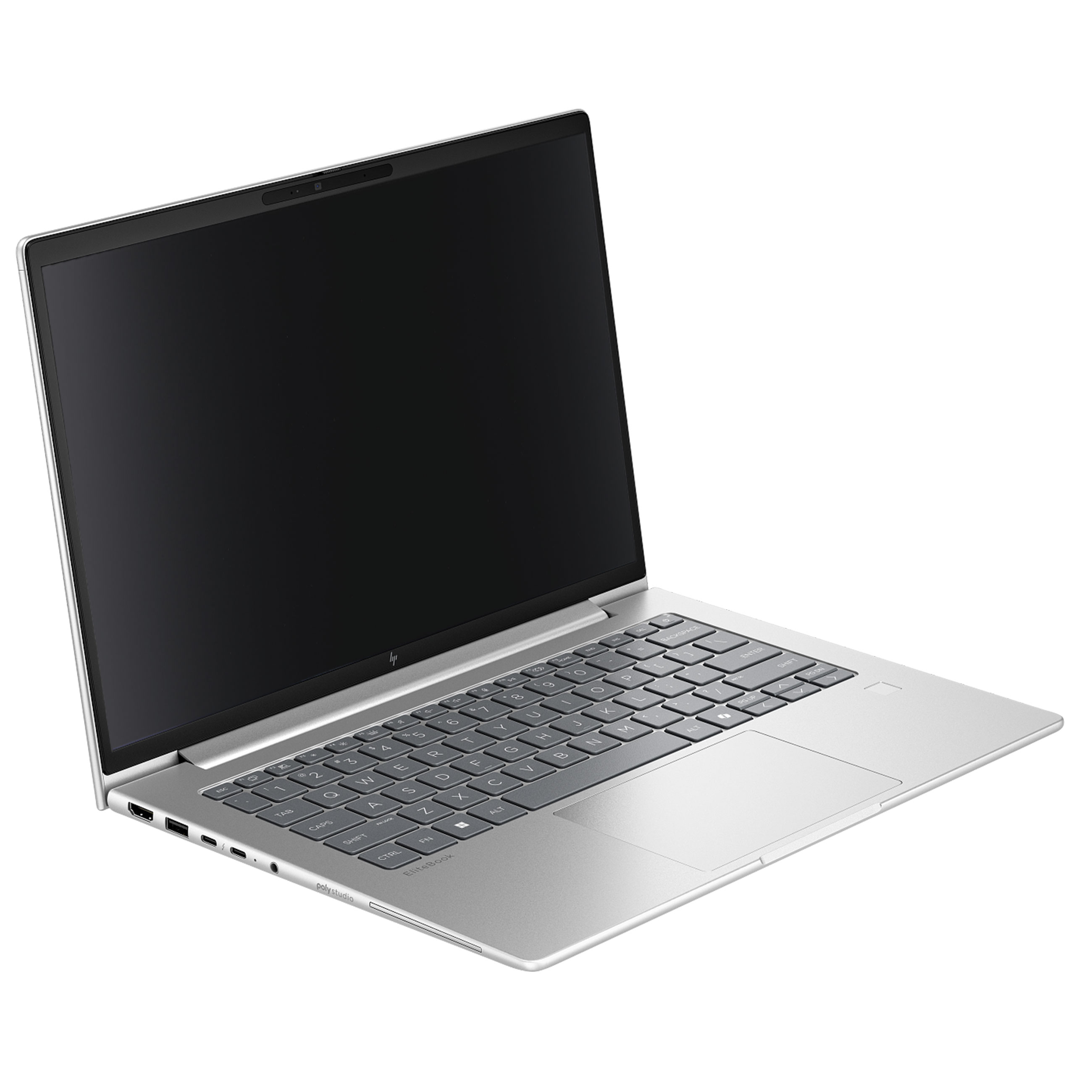 Ein geöffneter silberner Laptop mit schwarzem Bildschirm leicht angewinkelt auf weißem Hintergrund.