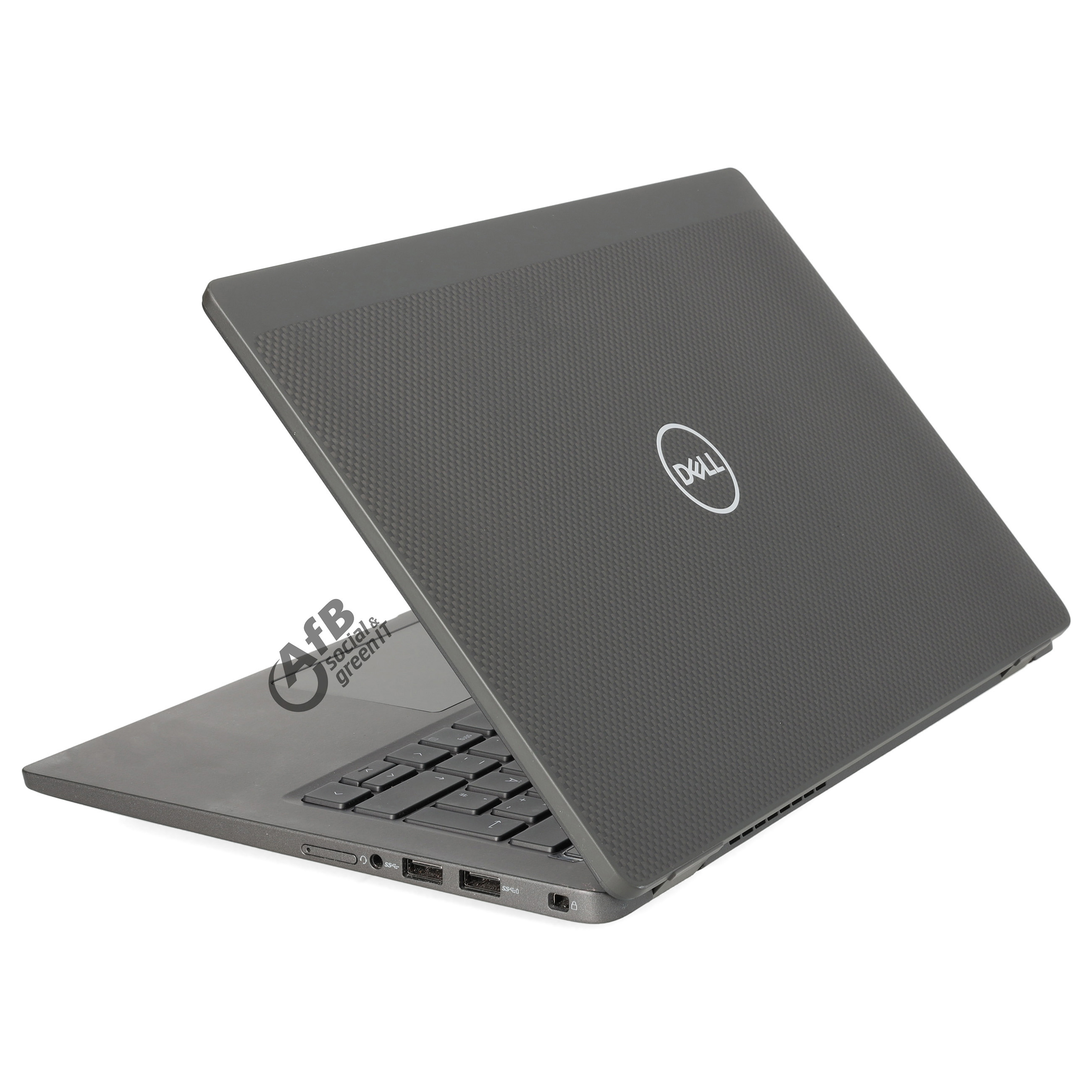 Ein grauer Dell-Laptop, halb geöffnet, auf weißem Hintergrund, mit einem kreisförmigen AfB-Logo daneben.