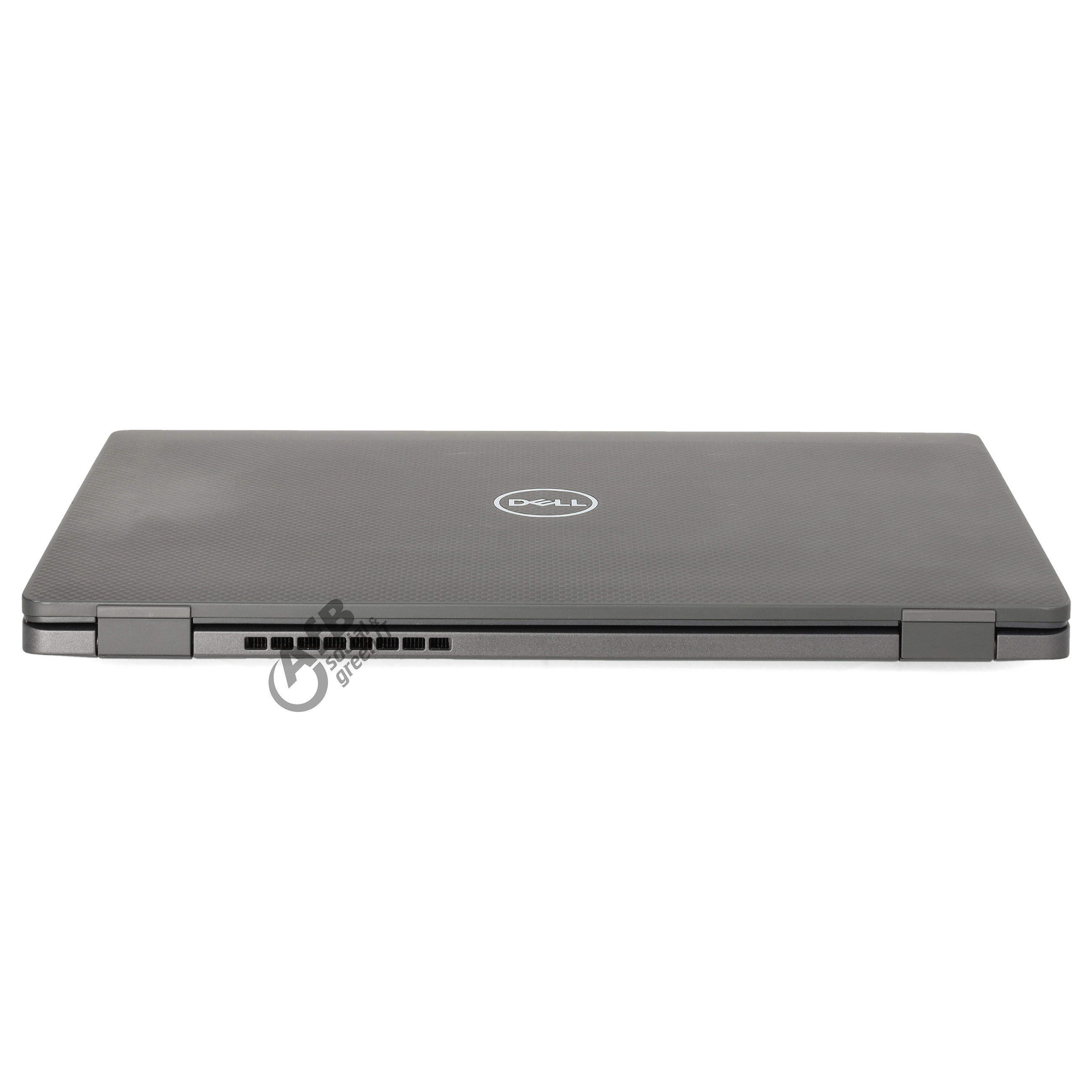 Geschlossener grauer Dell Laptop von hinten auf weißem Hintergrund mit sichtbaren Lüftungsschlitzen.