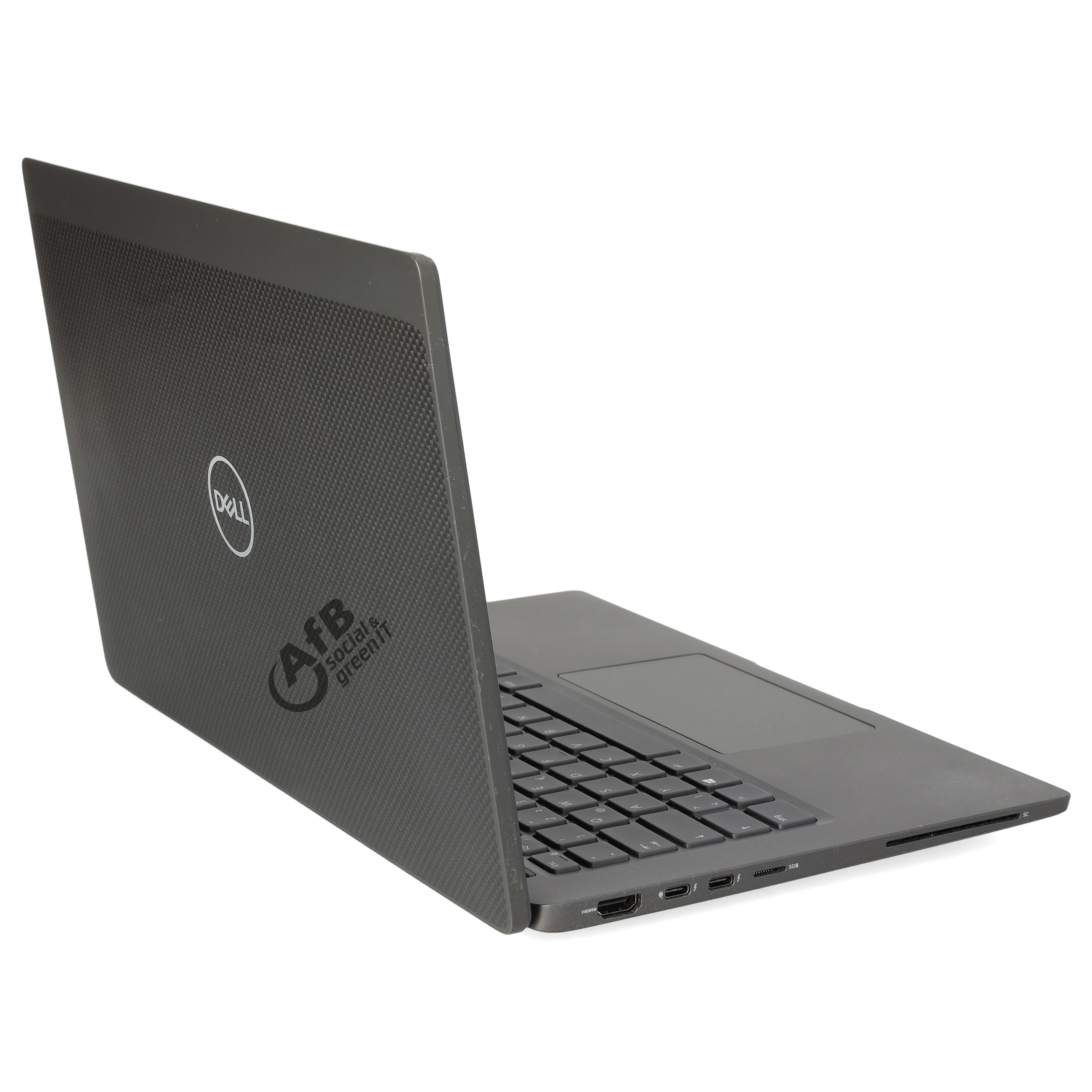 Ein grauer Dell Laptop mit strukturiertem Deckel und AfB-Logo steht auf weißem Grund.
