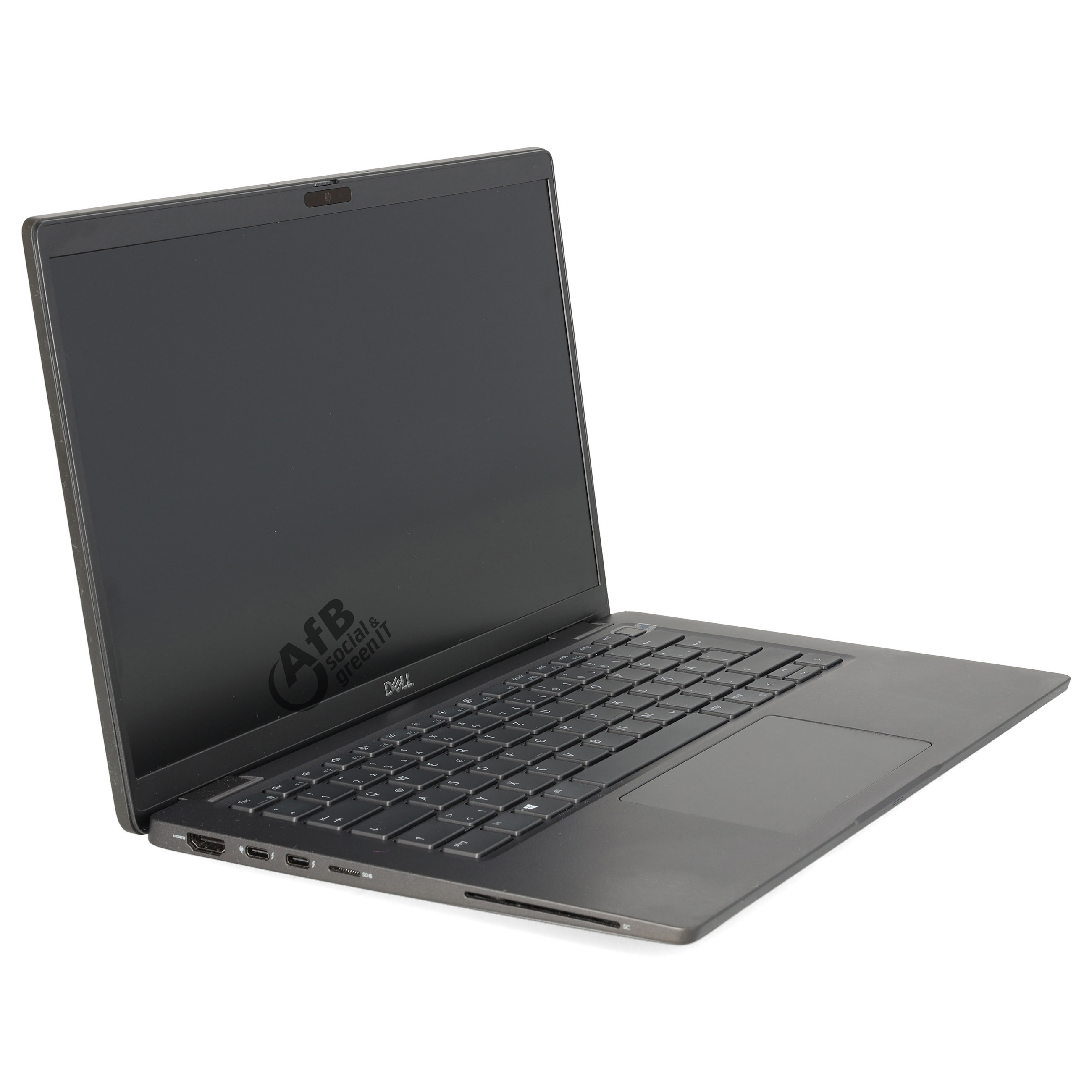 Ein offener schwarzer Dell-Laptop steht auf einer weißen Oberfläche mit Blick auf Tastatur und Bildschirm.