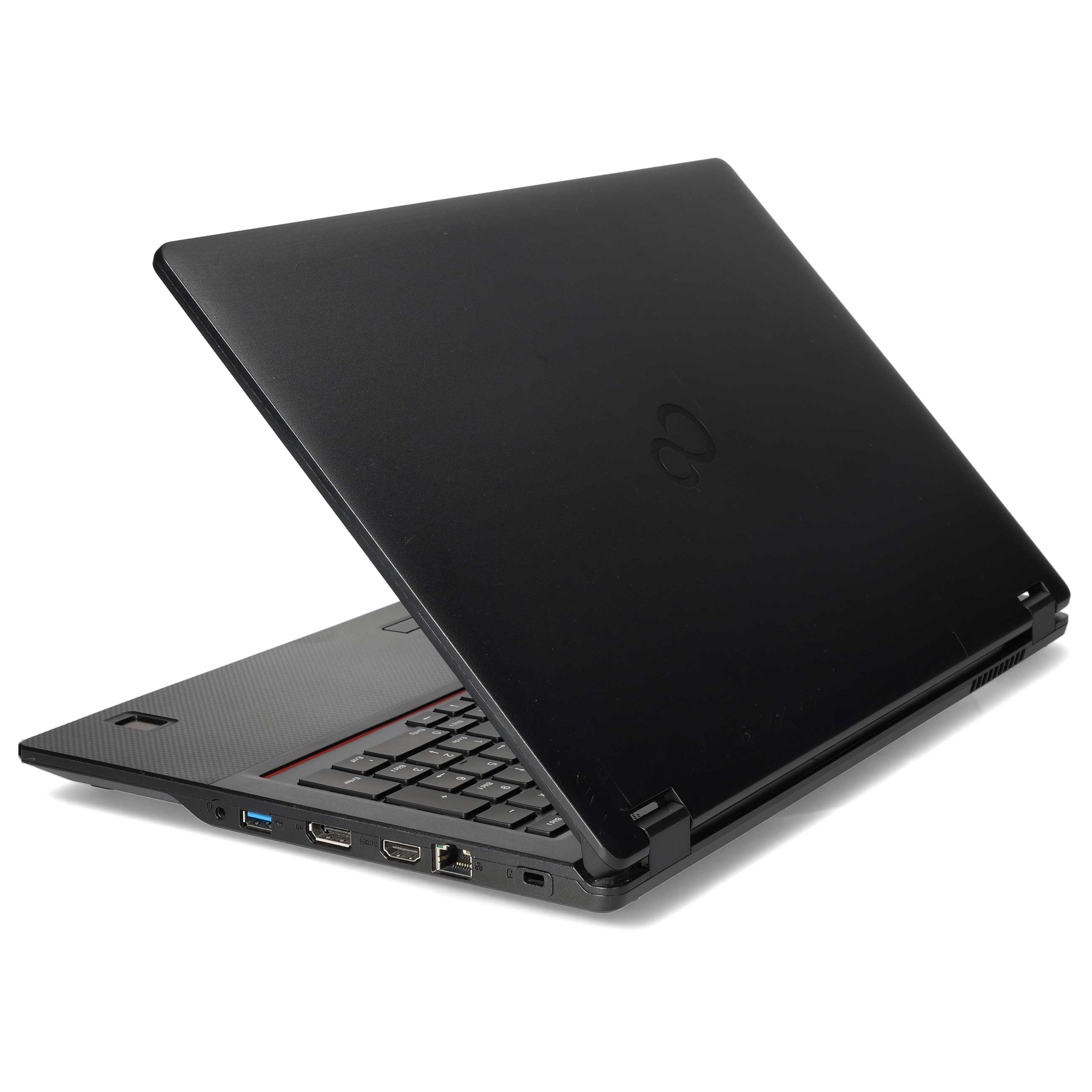 Ein schwarzer Laptop von hinten, mit Anschlüssen an der Seite und der Tastatur.