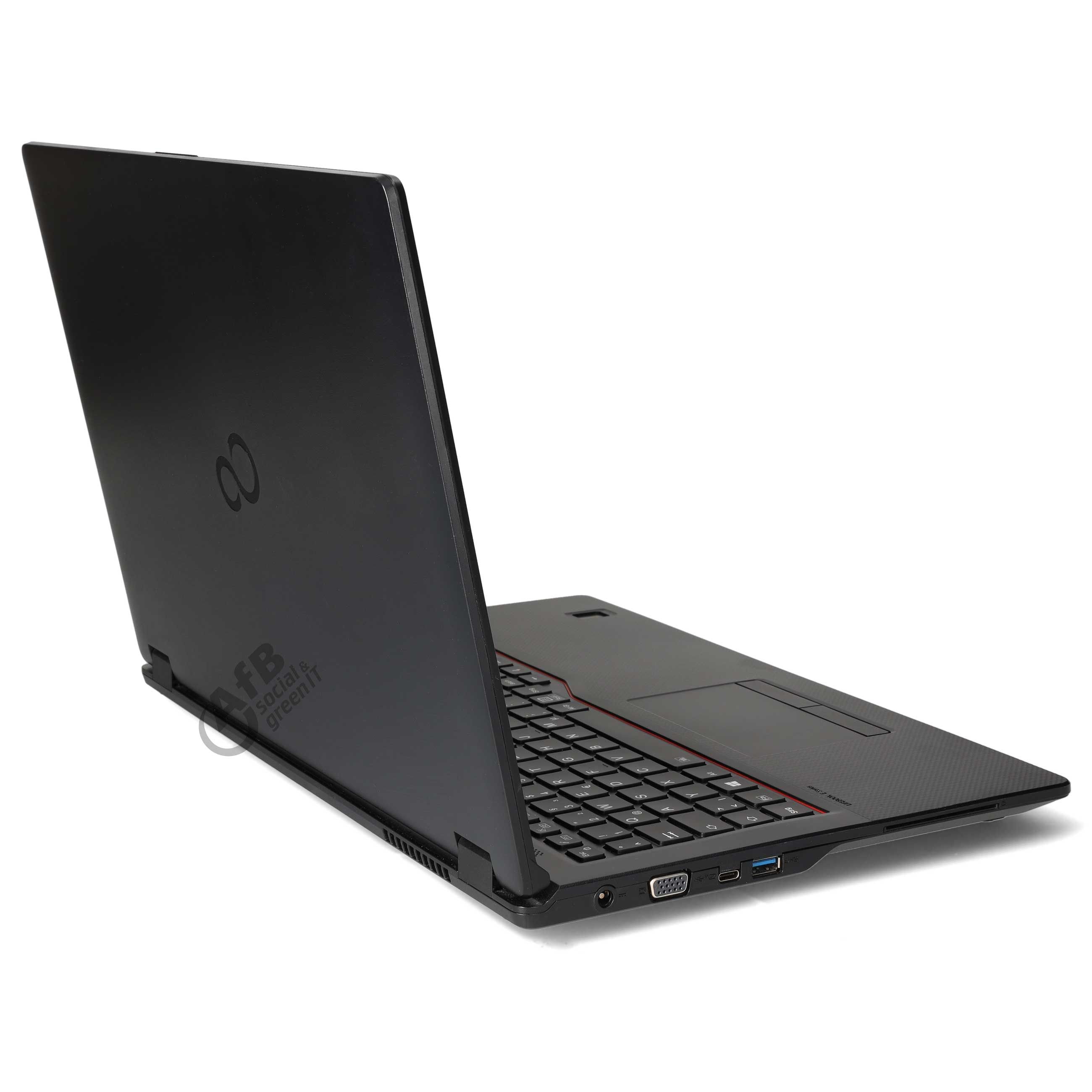 Ein schwarzer Laptop von schräg hinten rechts, zeigt Tastatur, Anschlüsse und den geschlossenen Deckel.