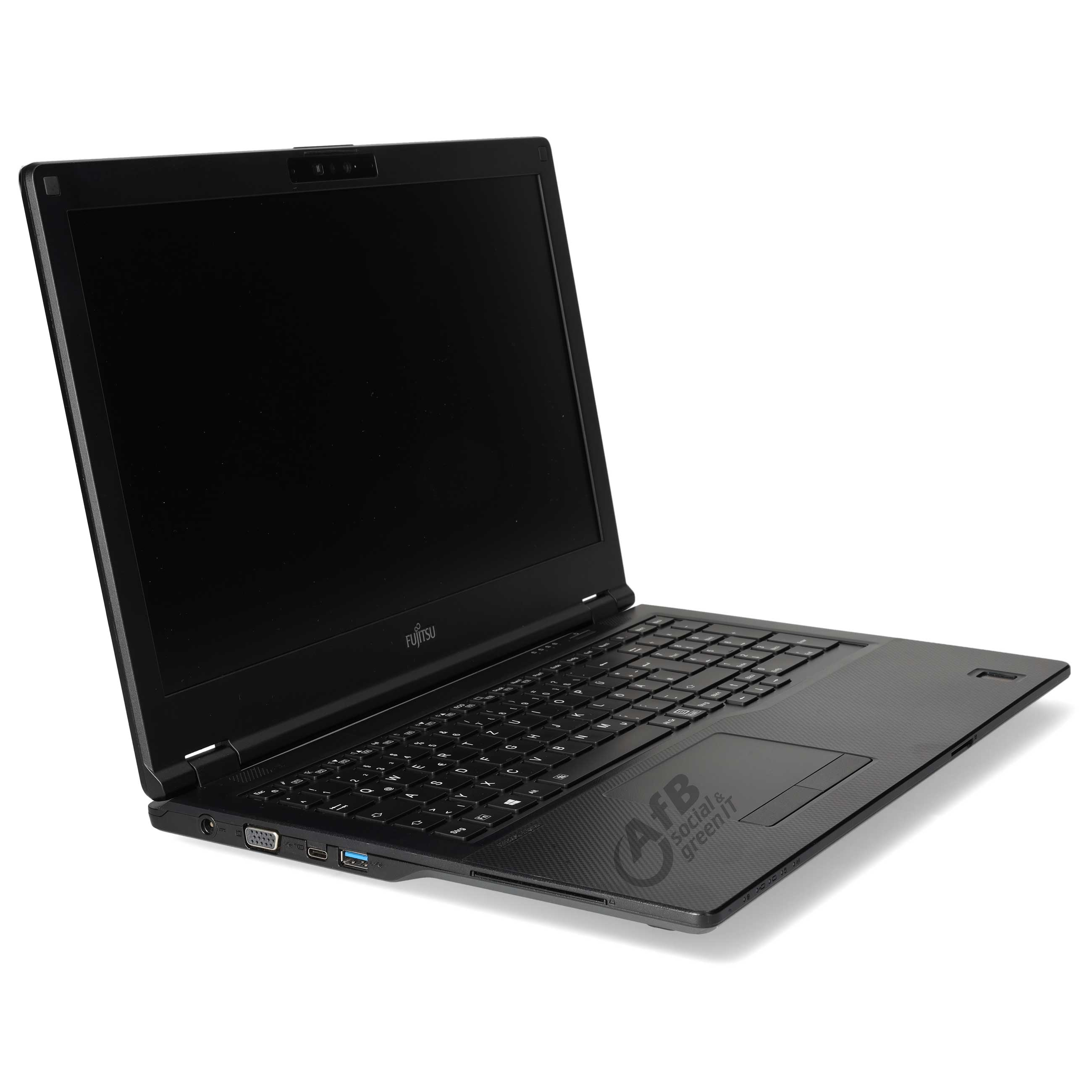 Ein offener schwarzer Fujitsu Laptop auf weißem Hintergrund mit AfB-Logo.