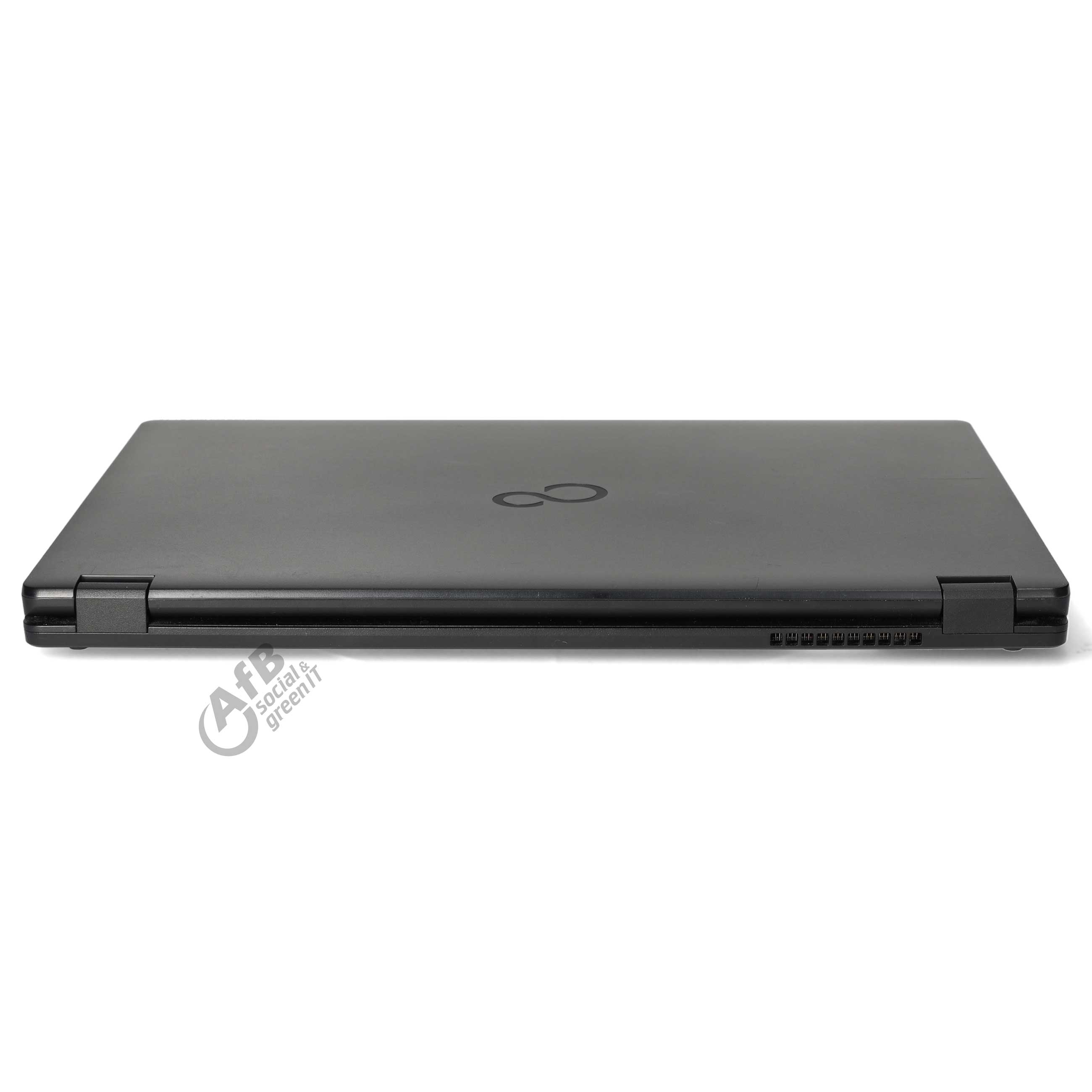 Geschlossener schwarzer Laptop von hinten, mit einem runden Logo und Lüftungsschlitzen.