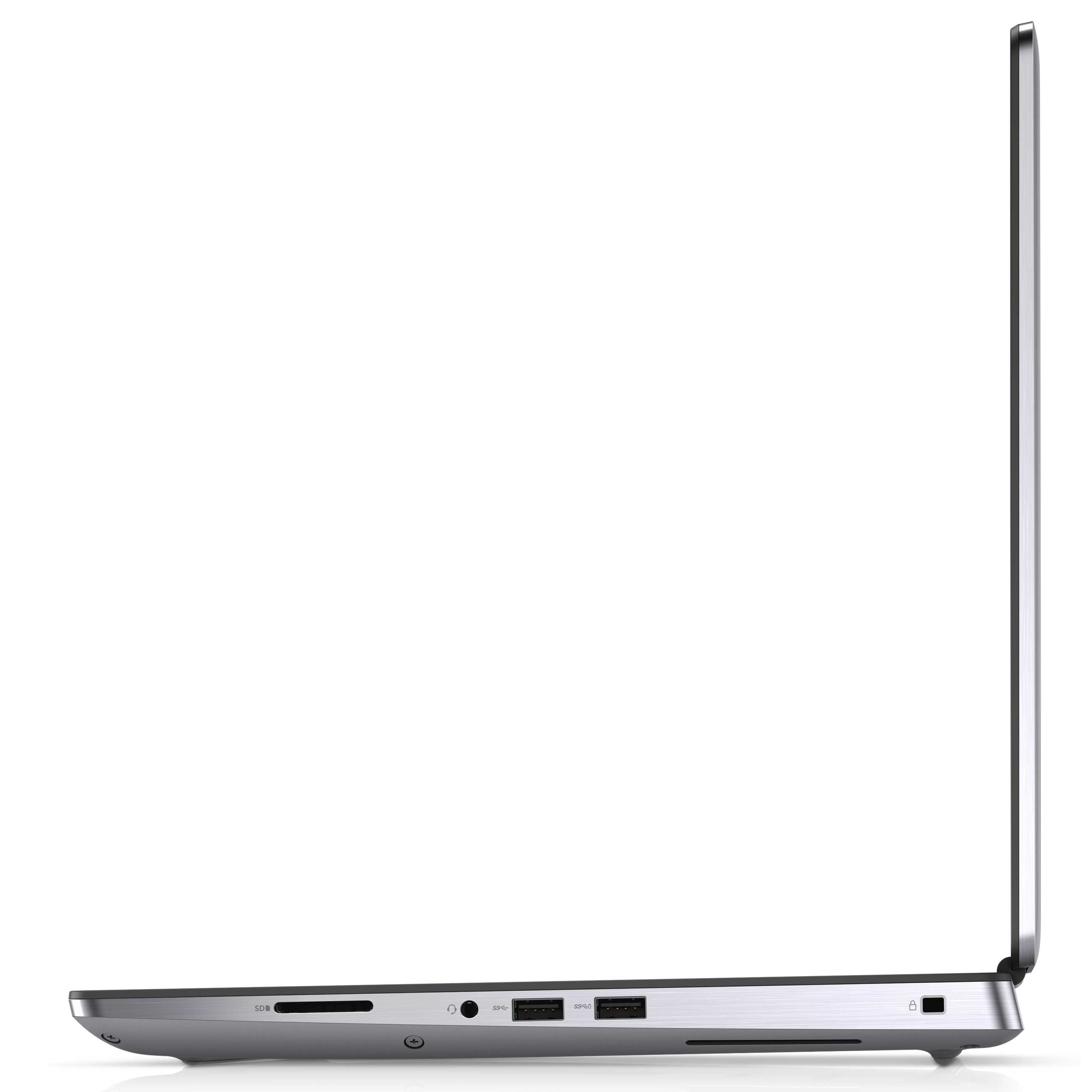 Seitenansicht eines silbernen Laptops mit Anschlüssen und SD-Kartenleser.