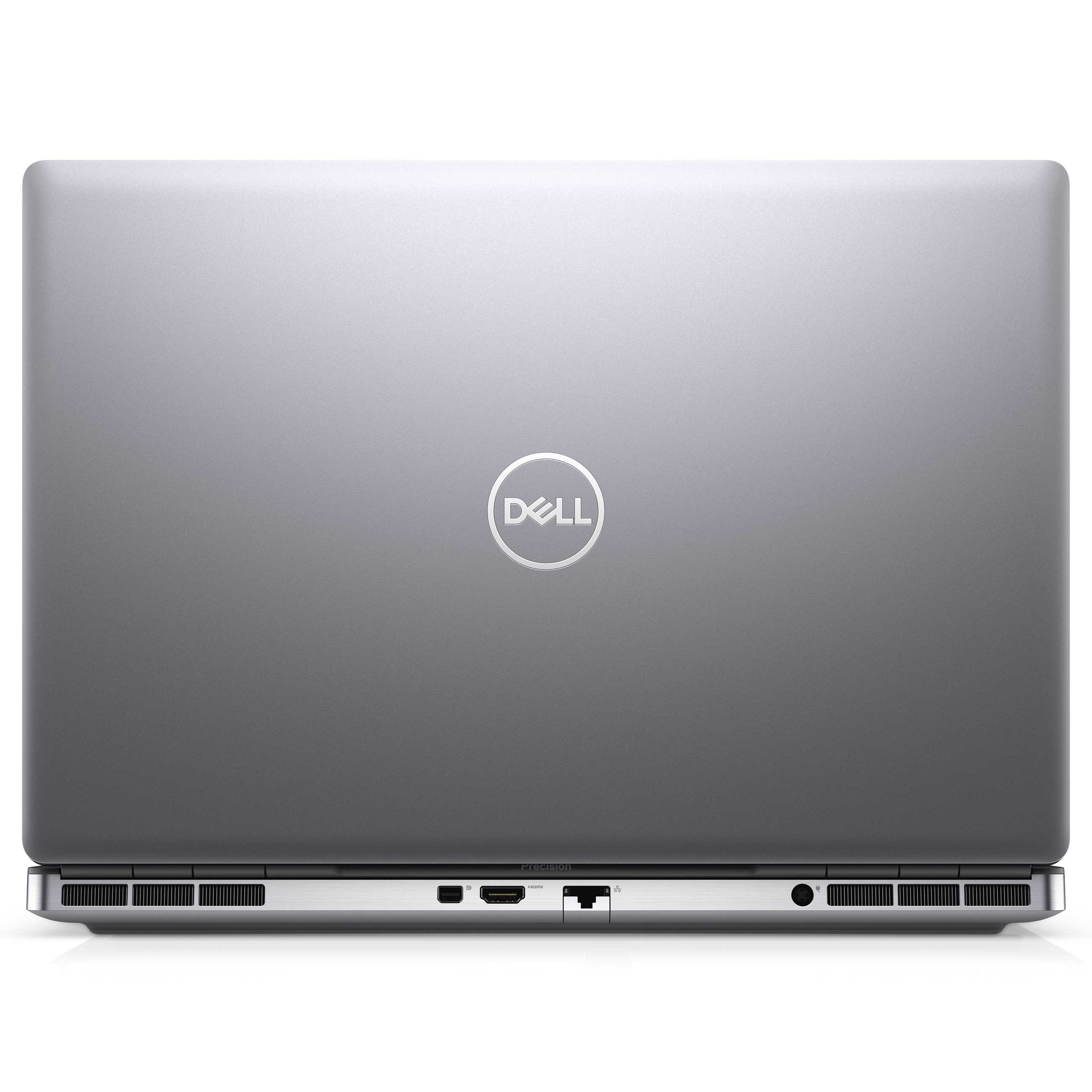 Rückansicht eines geschlossenen silbernen Dell-Laptops mit sichtbaren Anschlüssen an der Unterkante.