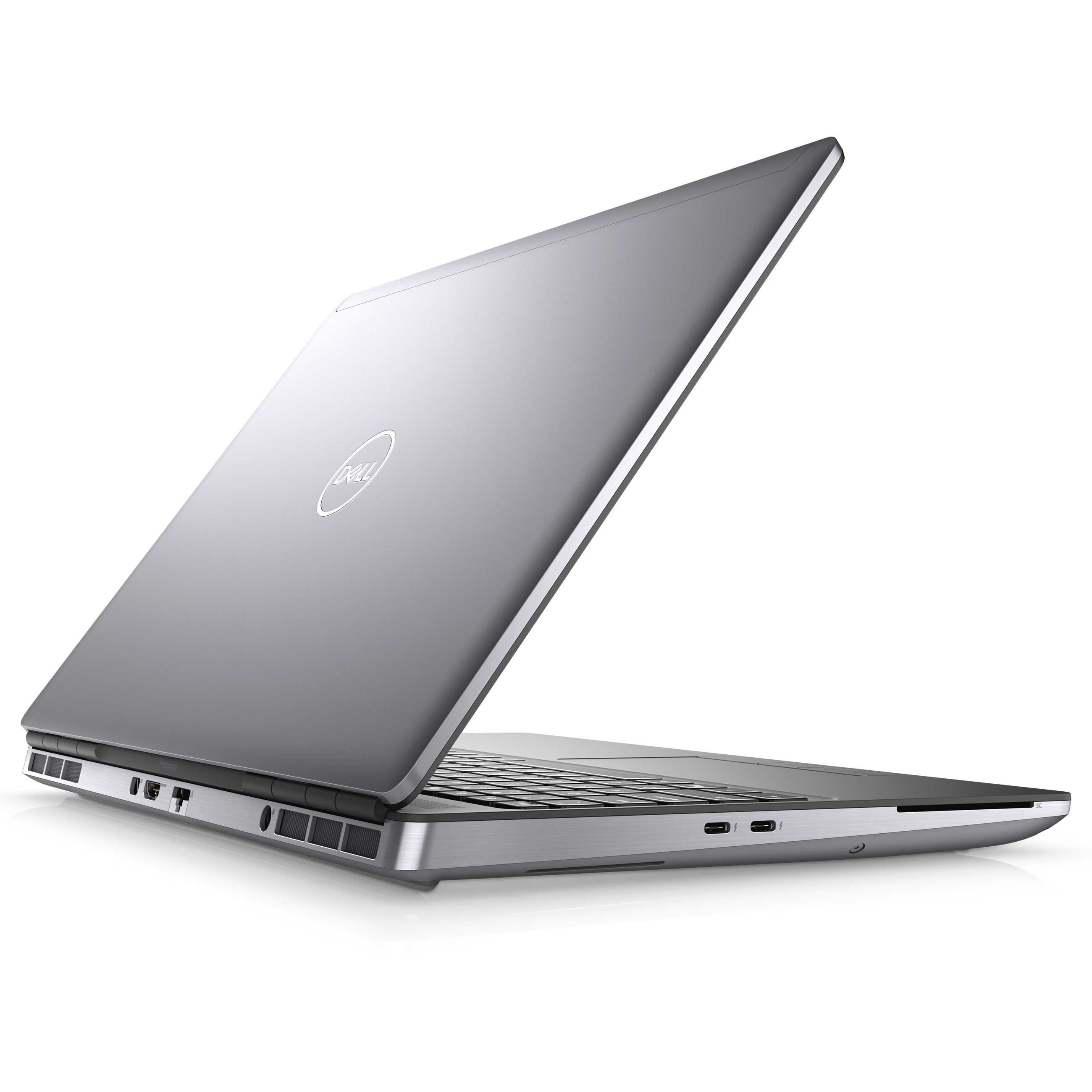 Ein silberner Dell-Laptop steht offen auf weißem Hintergrund, seitlich hinten gesehen.