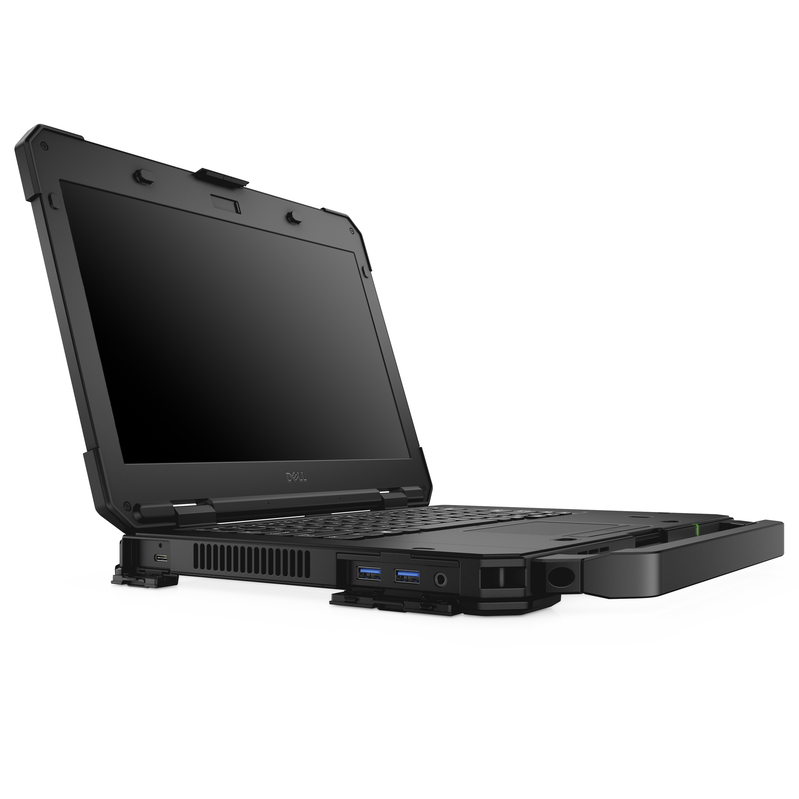 Ein schwarzes, robustes Dell-Notebook auf weißem Hintergrund, von rechts vorne mit USB-Anschlüssen.