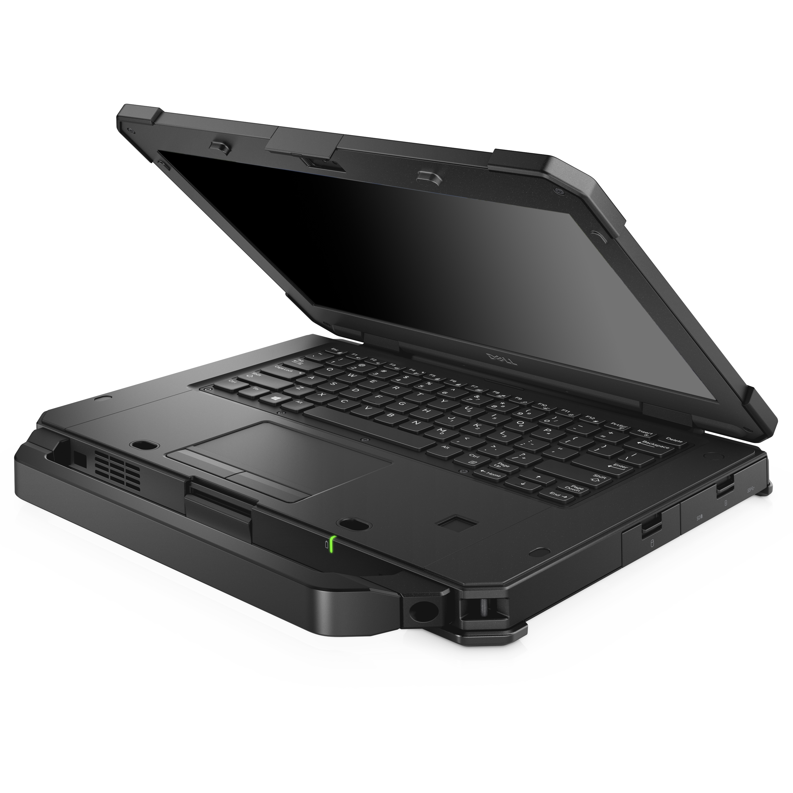 Ein schwarzes, robustes Notebook ist vor weißem Hintergrund leicht angewinkelt geöffnet.