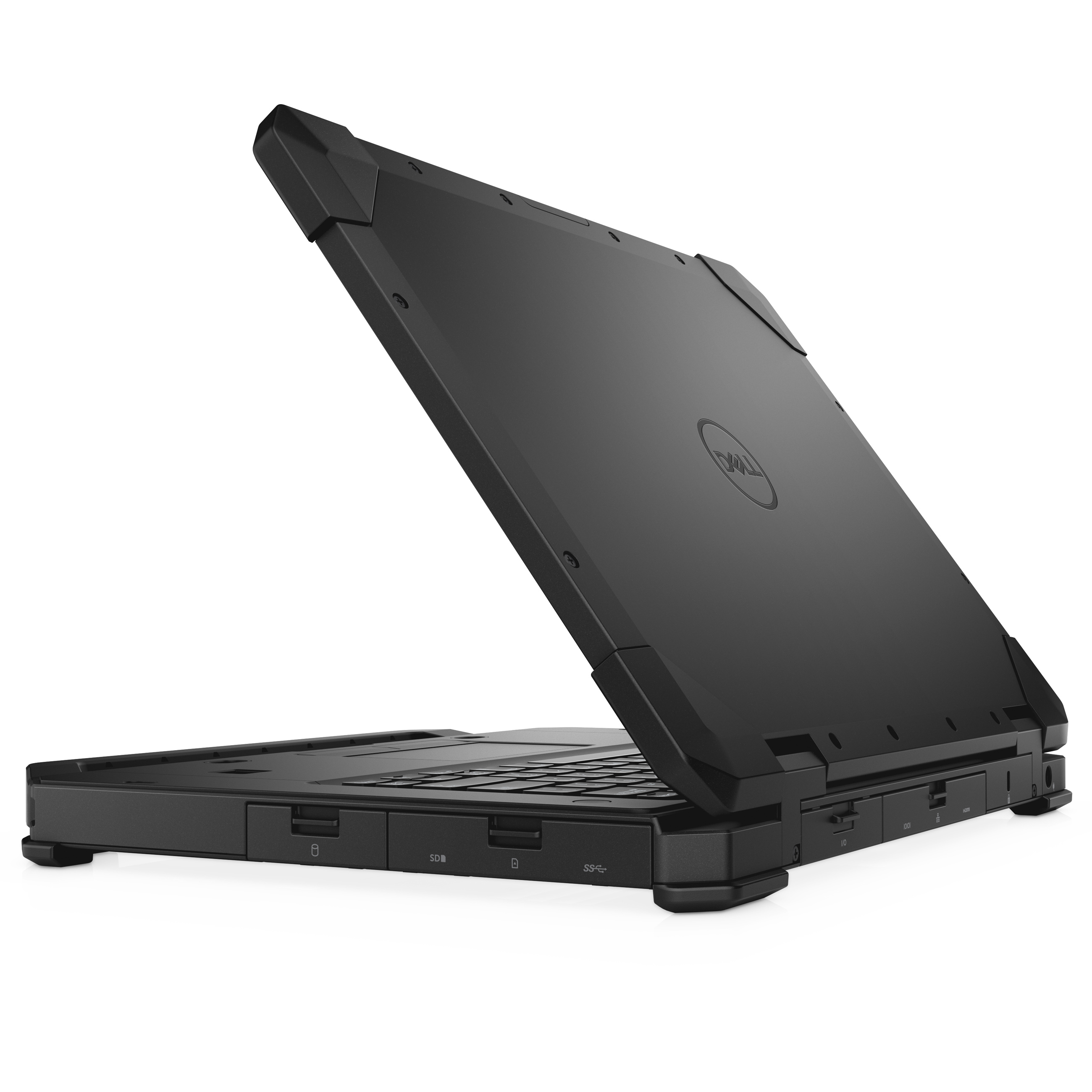 Ein schwarzer, robustes Dell Laptop von hinten mit verstärkten Ecken, Anschlüssen und teilweisem Bildschirm.