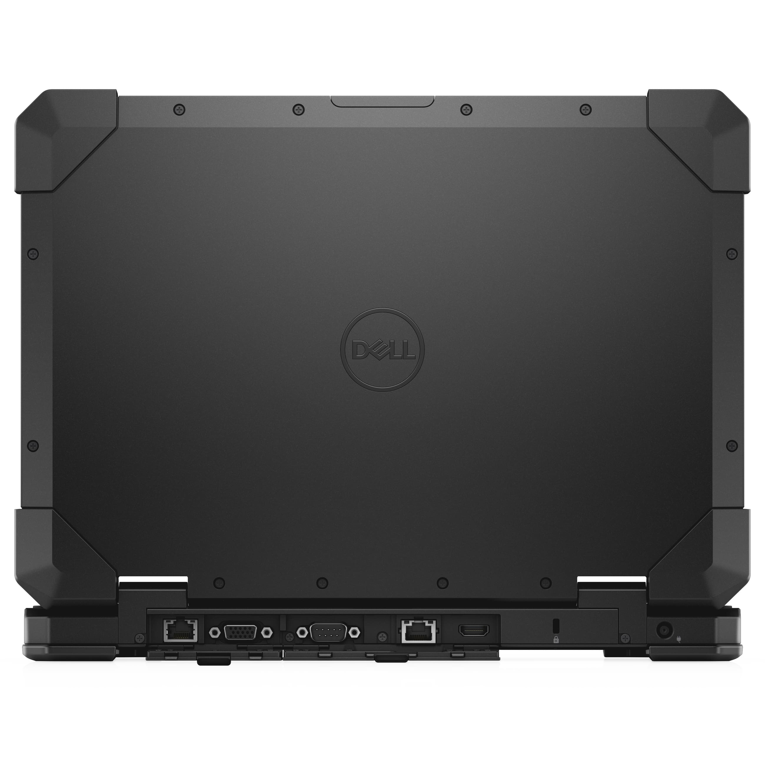 Rückseite eines robusten schwarzen Dell-Laptops mit sichtbaren Anschlüssen und verstärkten Ecken.