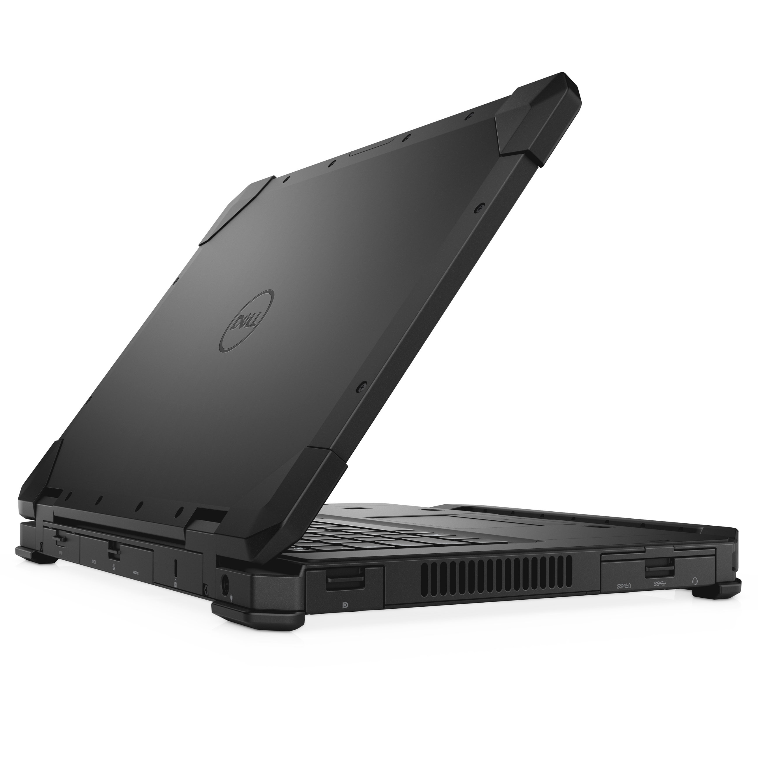 Ein schwarzer, robustes Dell-Laptop steht leicht geöffnet auf einer weißen Oberfläche, die Rückseite ist zugewandt.
