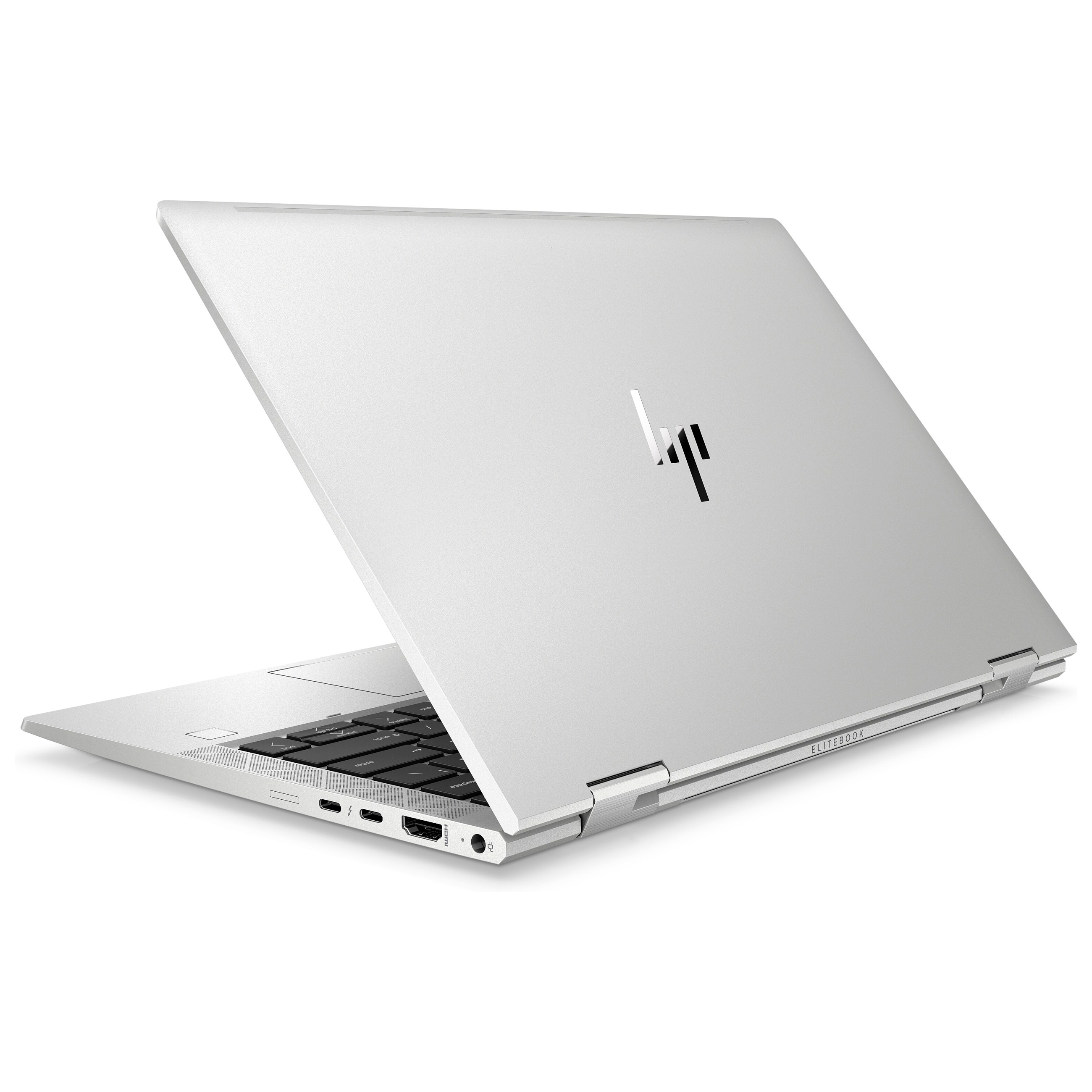 Ein silberner HP EliteBook Laptop aus einer hinteren Dreiviertelperspektive auf weißem Hintergrund.