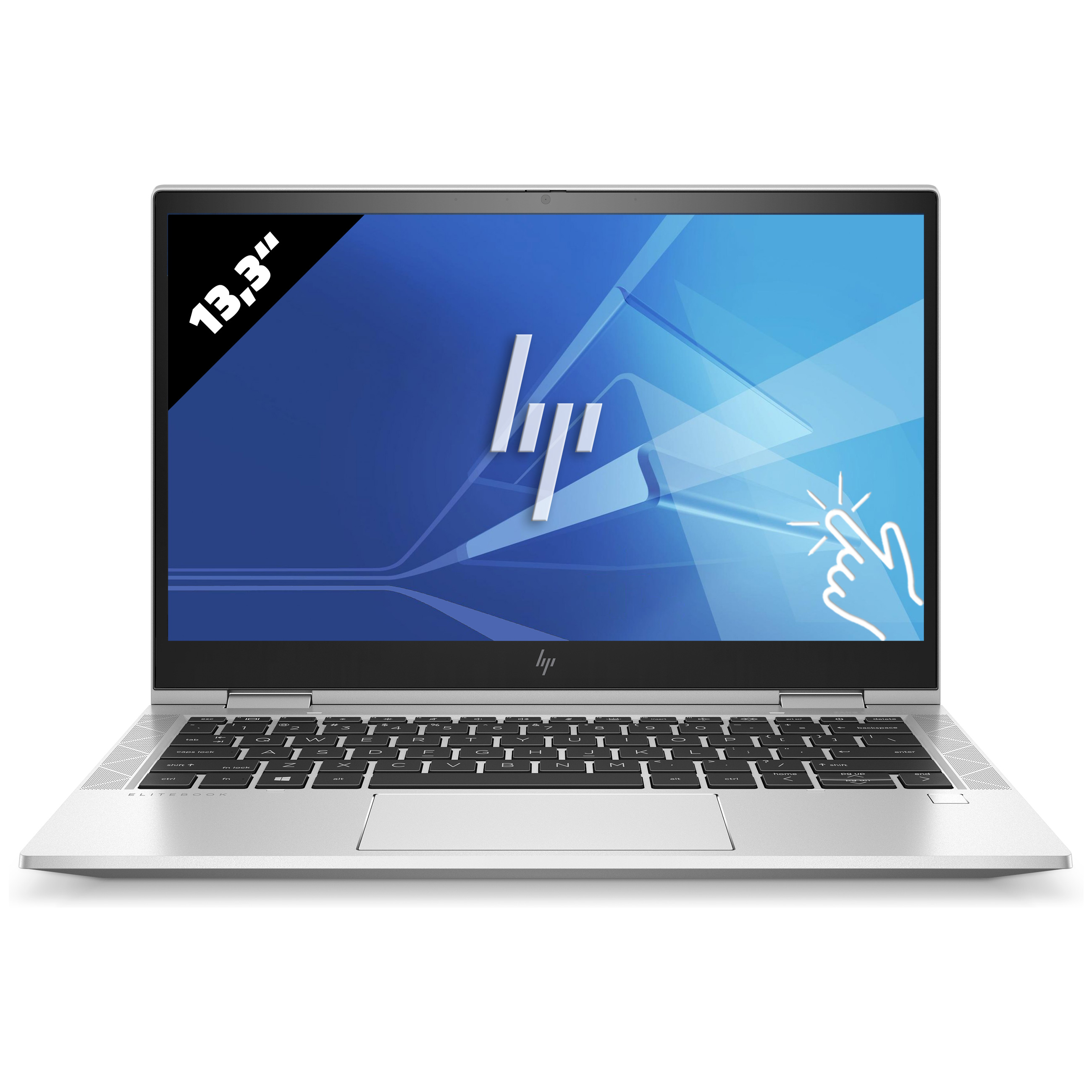 Ein silberner HP EliteBook 13,3-Zoll-Laptop auf weißem Hintergrund mit blauer Bildschirmgrafik.