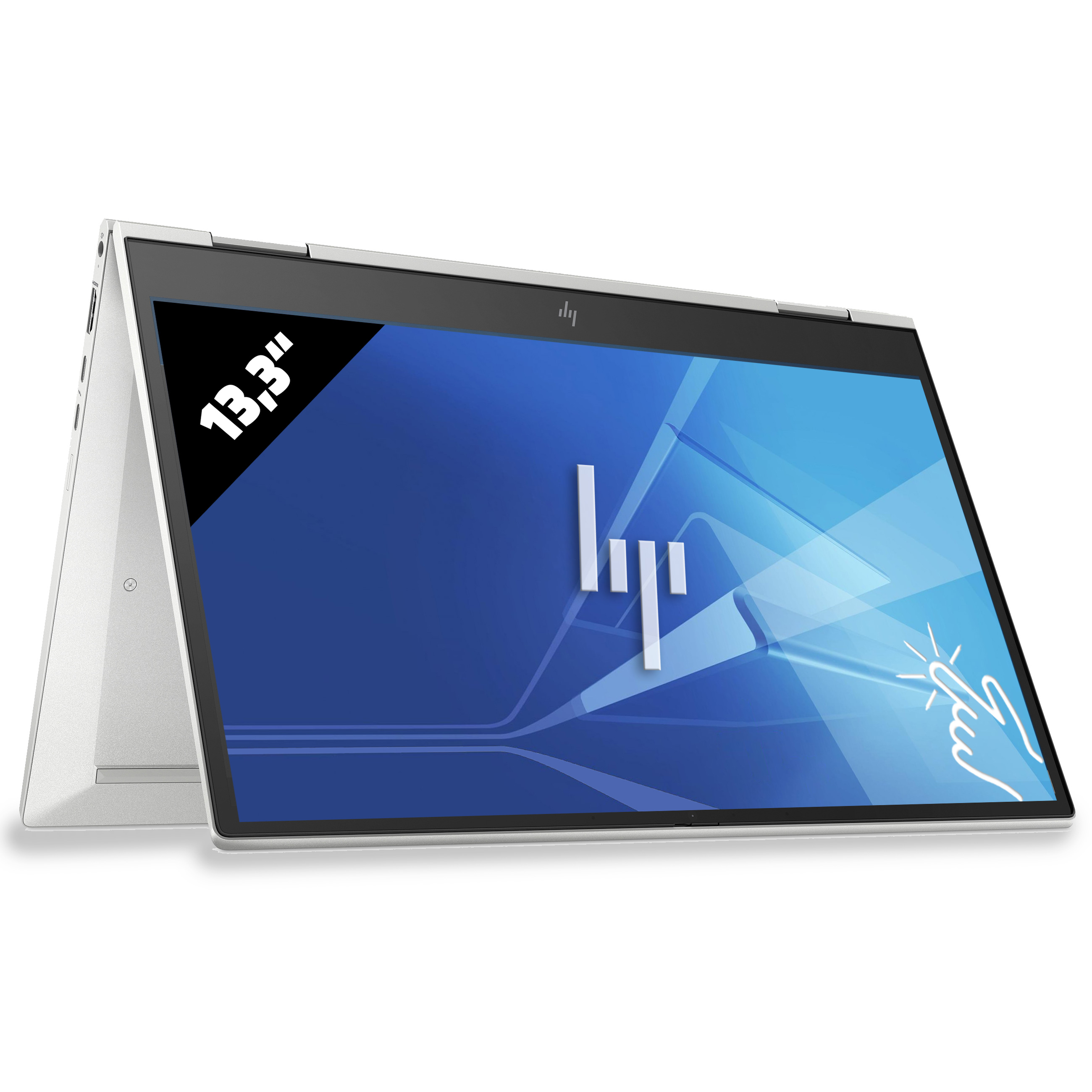 Ein silberner HP Laptop im Zeltmodus auf weißem Hintergrund mit blauem Bildschirm.