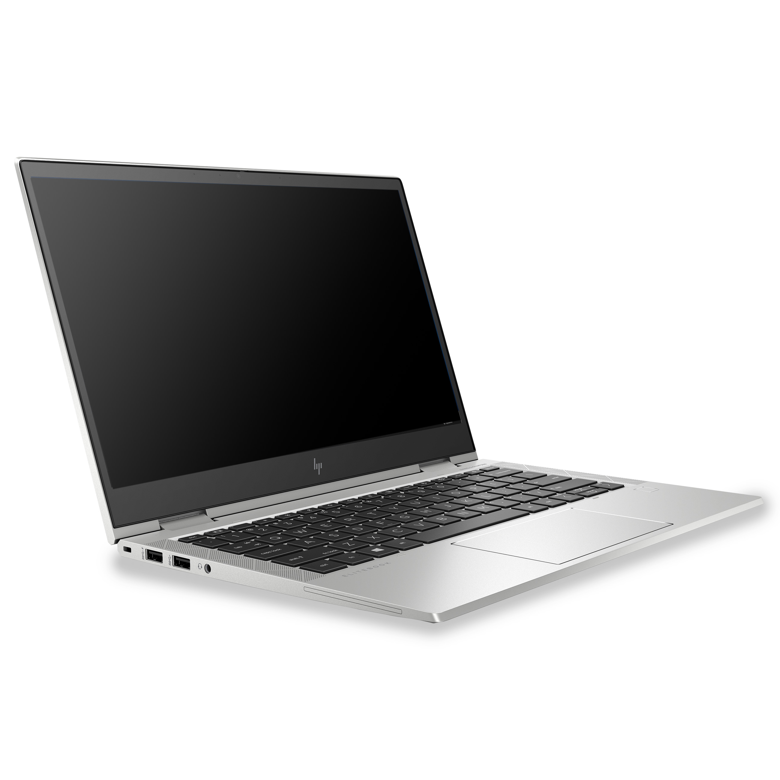 Ein silberner Laptop mit schwarzem Bildschirm steht auf weißem Hintergrund.