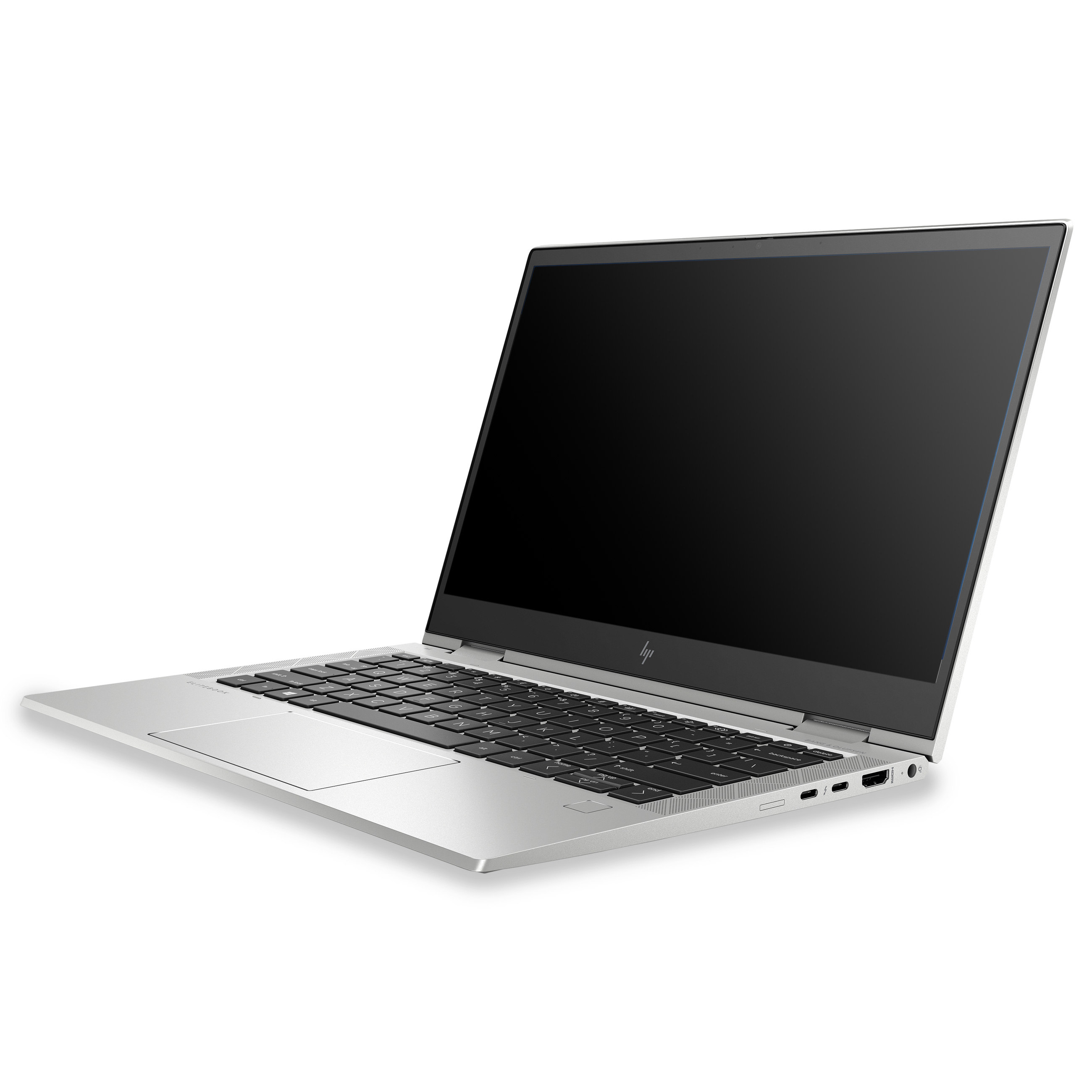 Ein silberner Laptop mit schwarzer Tastatur und dunklem Bildschirm auf weißem Hintergrund.