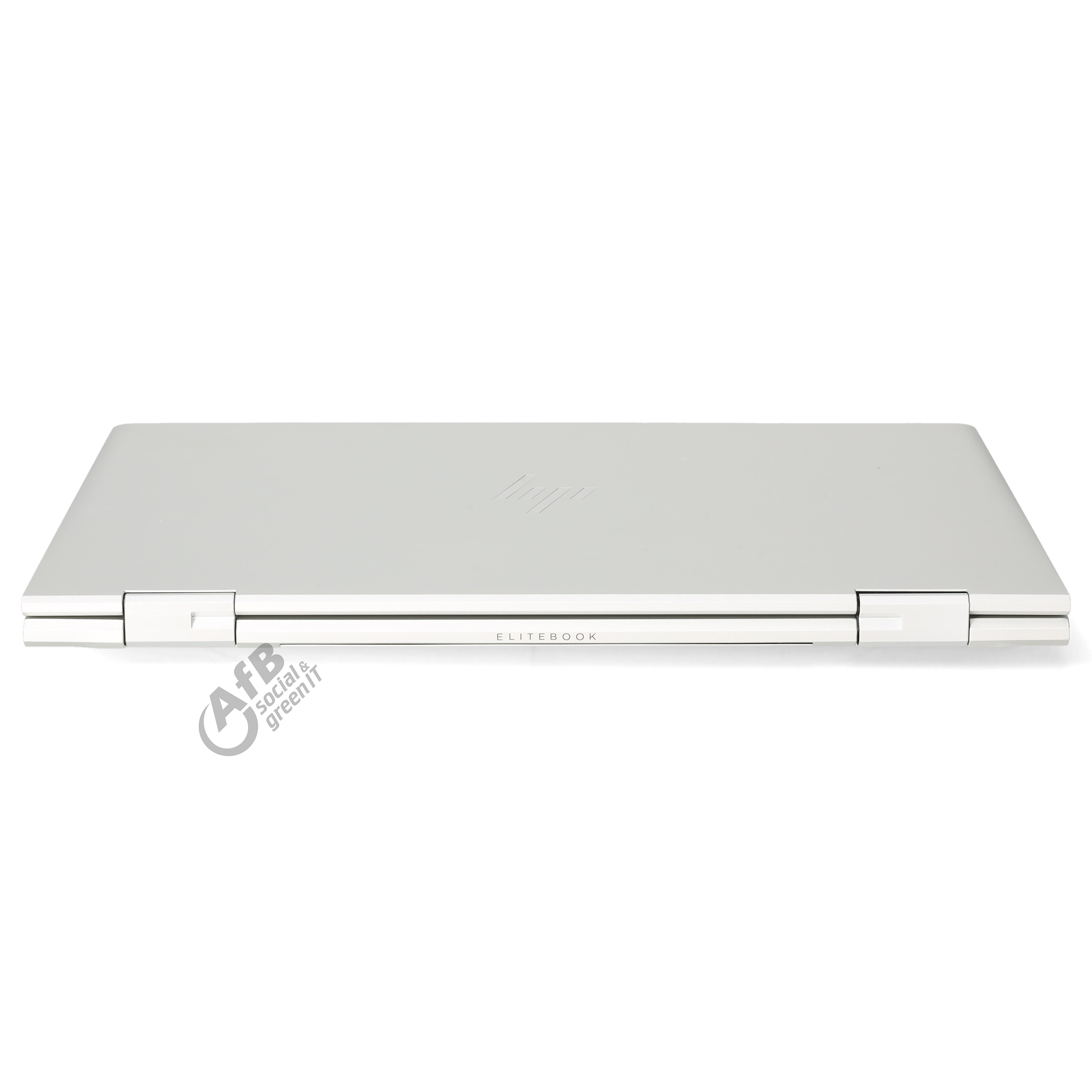 Geschlossener silberner HP EliteBook Laptop von vorne auf weißem Grund.