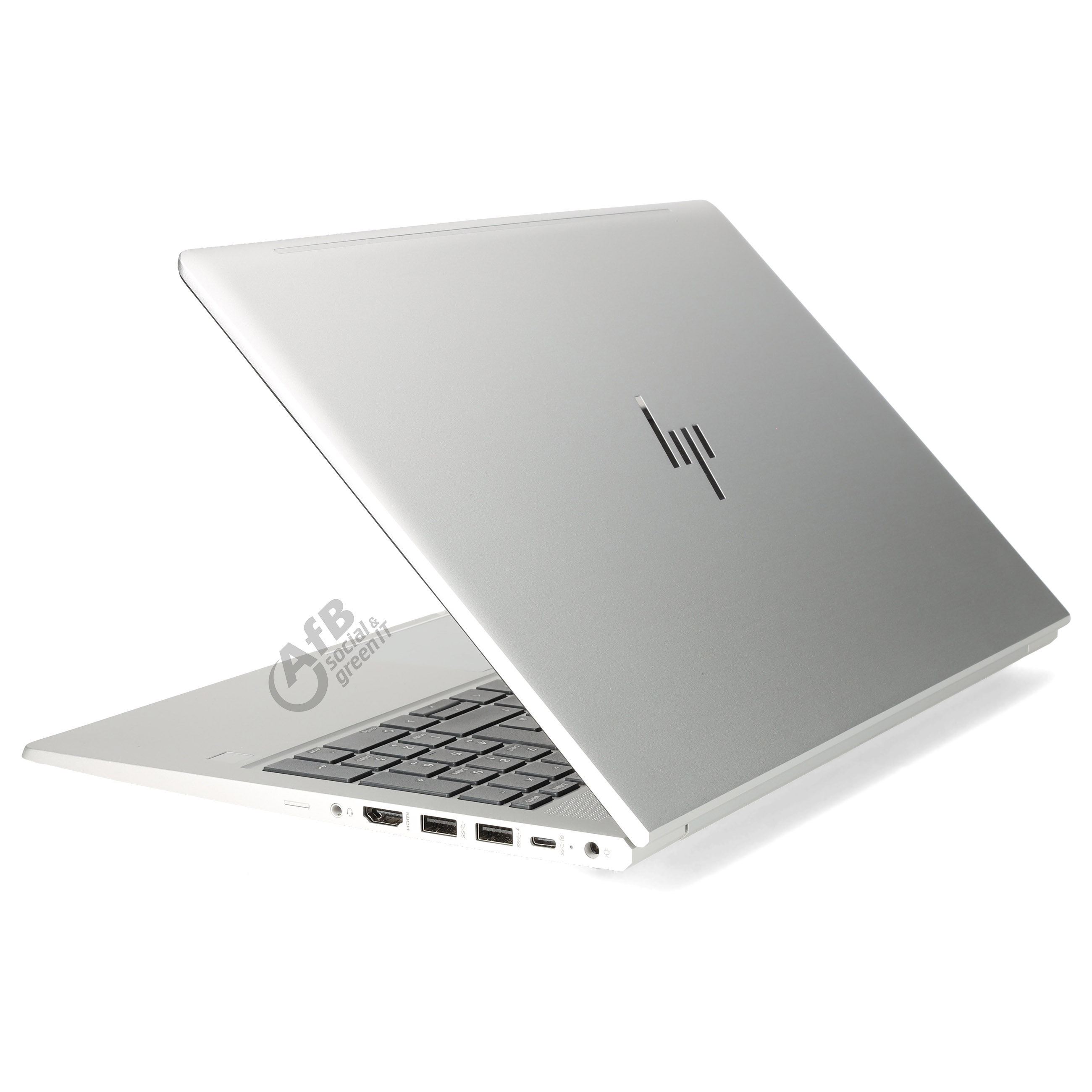 Silberner HP-Laptop in halboffener Ansicht mit sichtbaren Anschlüssen.