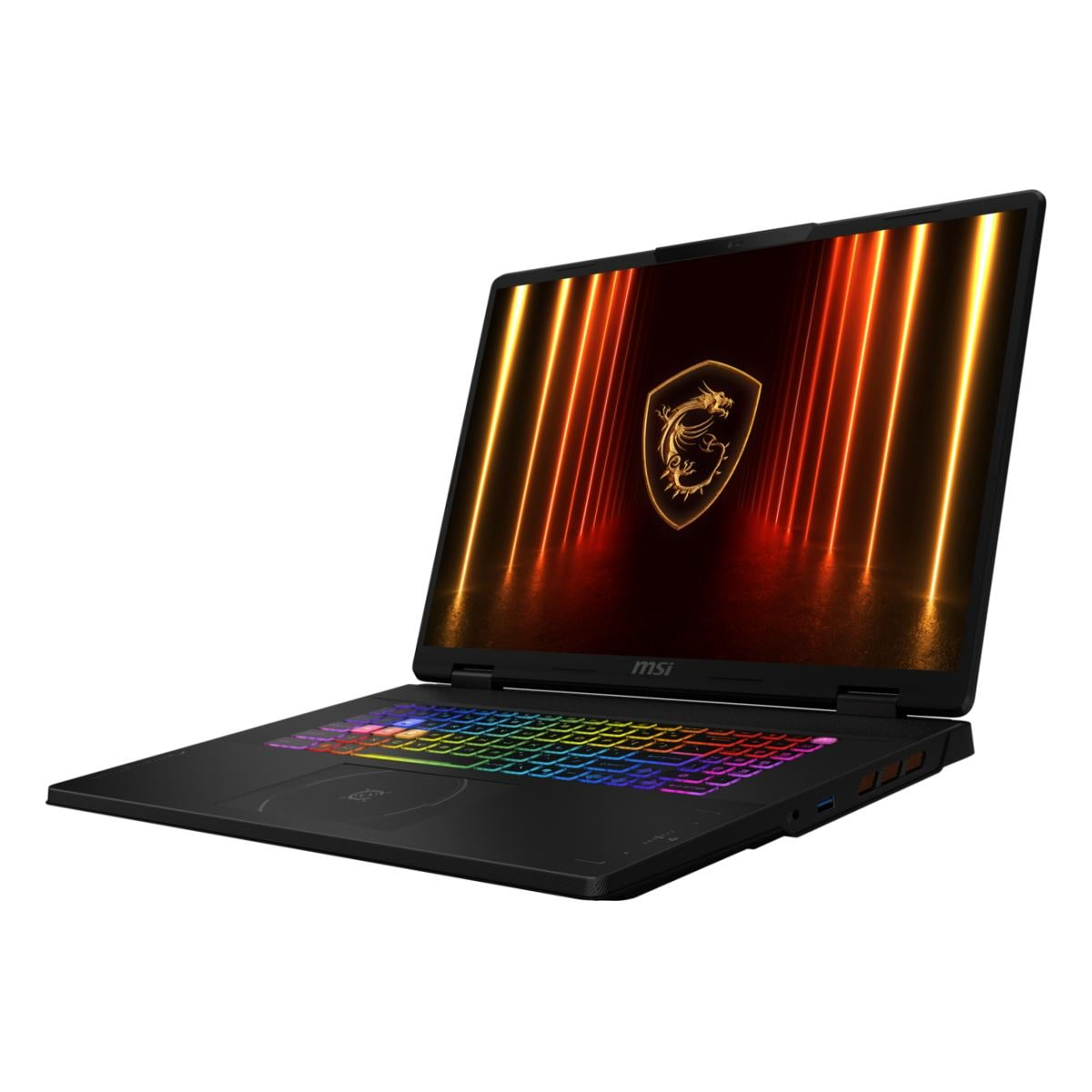 Ein schwarzer MSI-Gaming-Laptop mit RGB-Beleuchtung auf der Tastatur und einem Drachenlogo auf dem Bildschirm.