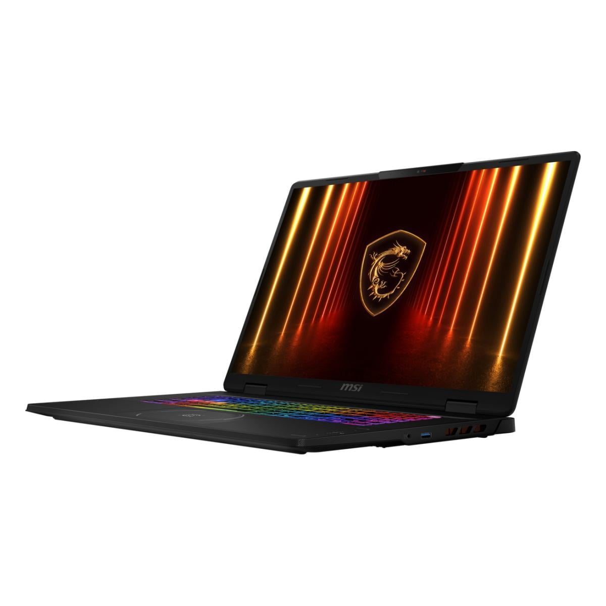 Ein schwarzer MSI Gaming-Laptop mit RGB-Tastatur und beleuchtetem Bildschirm.