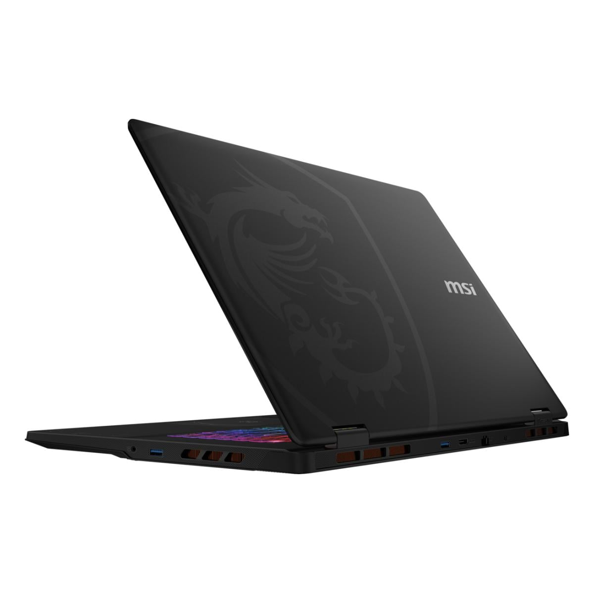Ein schwarzer MSI Gaming-Laptop mit Drachenlogo auf dem Deckel und RGB-Beleuchtung auf der Tastatur.