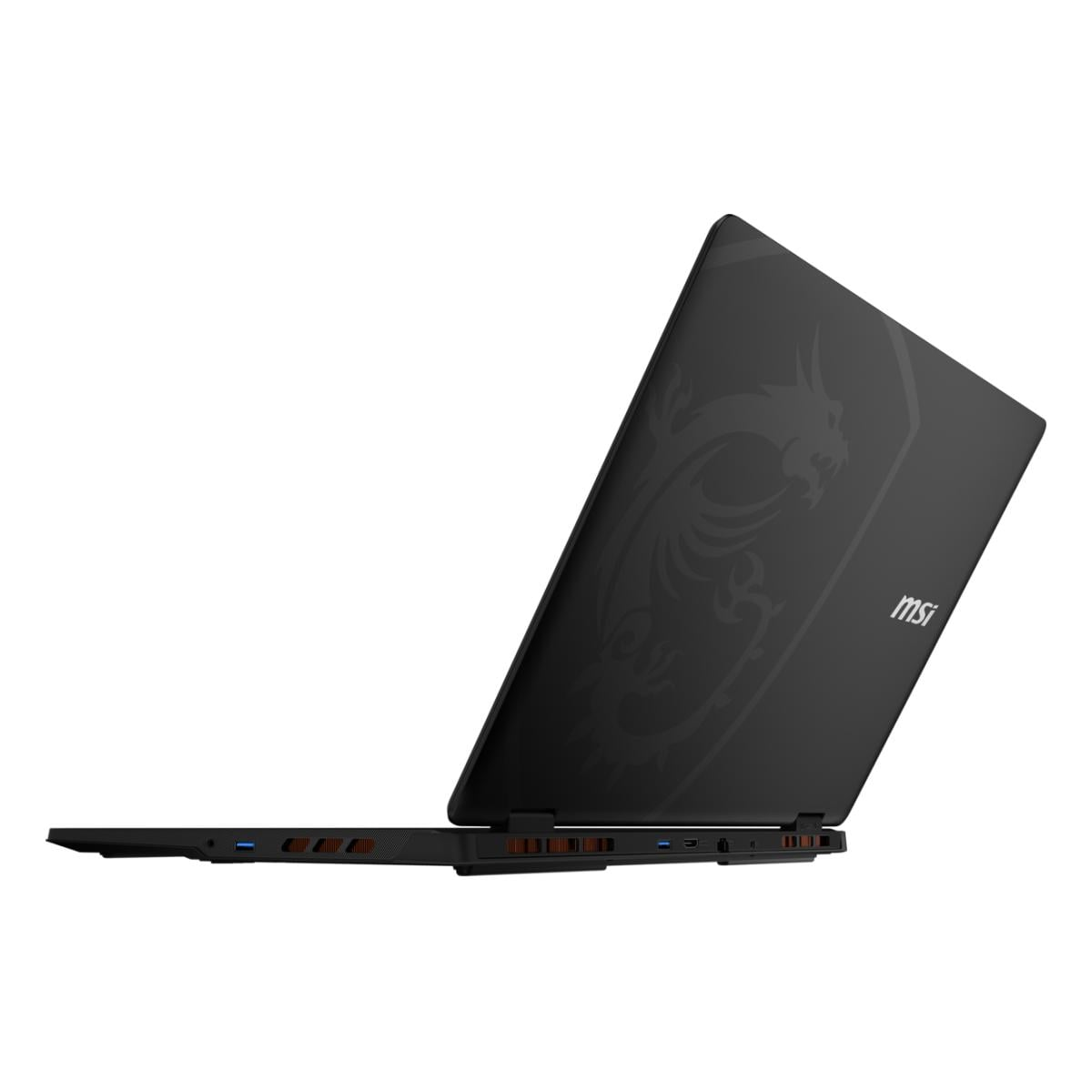 Ein schwarzer MSI-Gaming-Laptop von der Seite und hinten, mit Drachenlogo und Anschlüssen vor weißem Hintergrund.